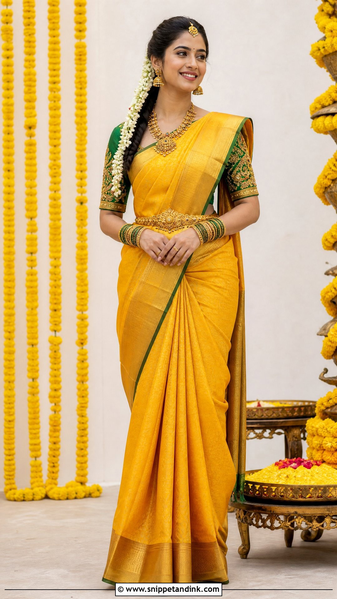 Yellow Kanjivaram Saree Pellikuthuru Look - Snippet and Ink - 20 Pellikuthuru Look Ideas