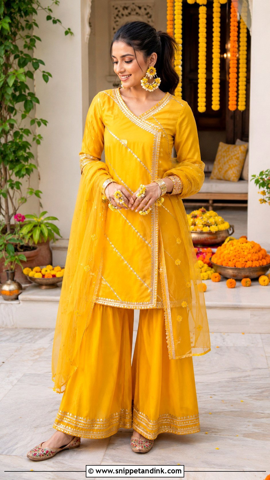 Yellow Kurta And Palazzo Haldi Bride Outfit - Snippet and Ink - 20 Haldi Mehndi Outfit for Bride Ideas