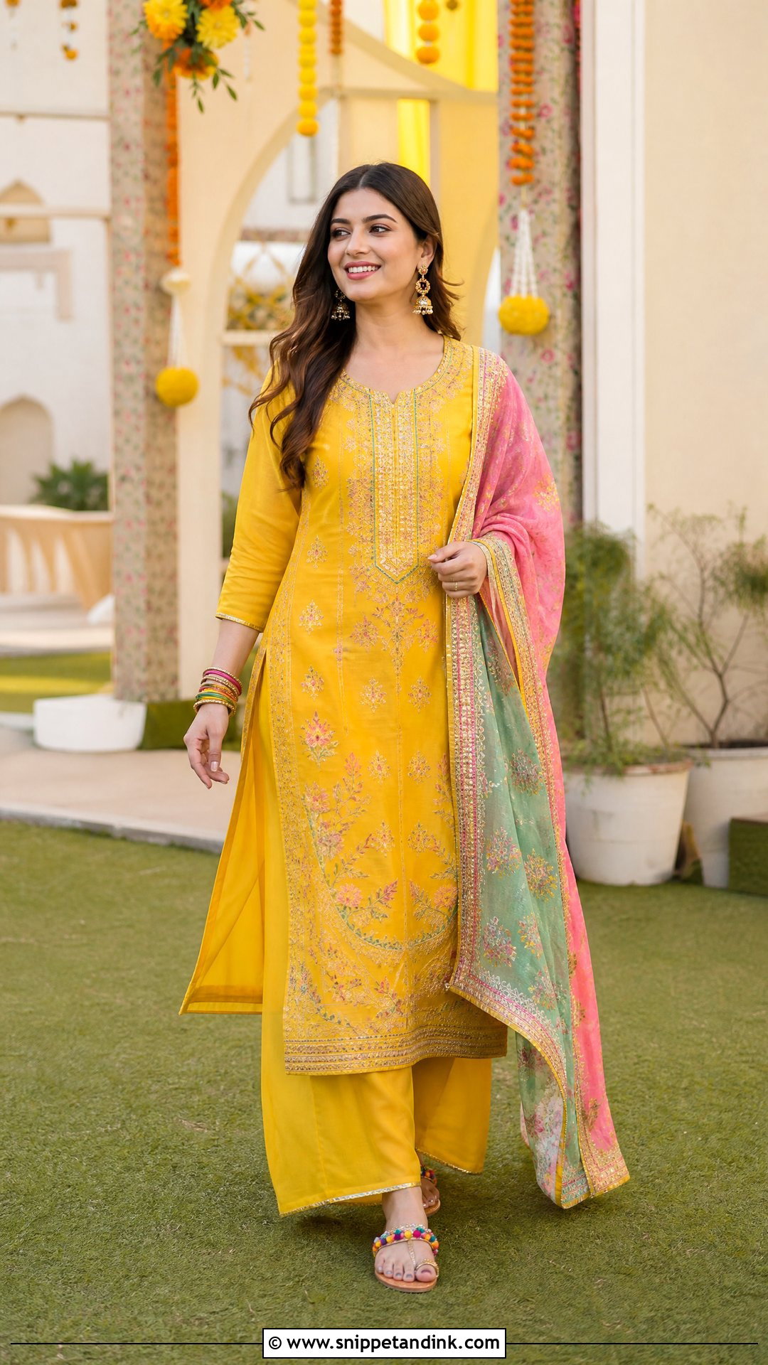 Yellow Kurta And Palazzo Haldi Outfit - Snippet and Ink - 20 Women Haldi Outfit Ideas
