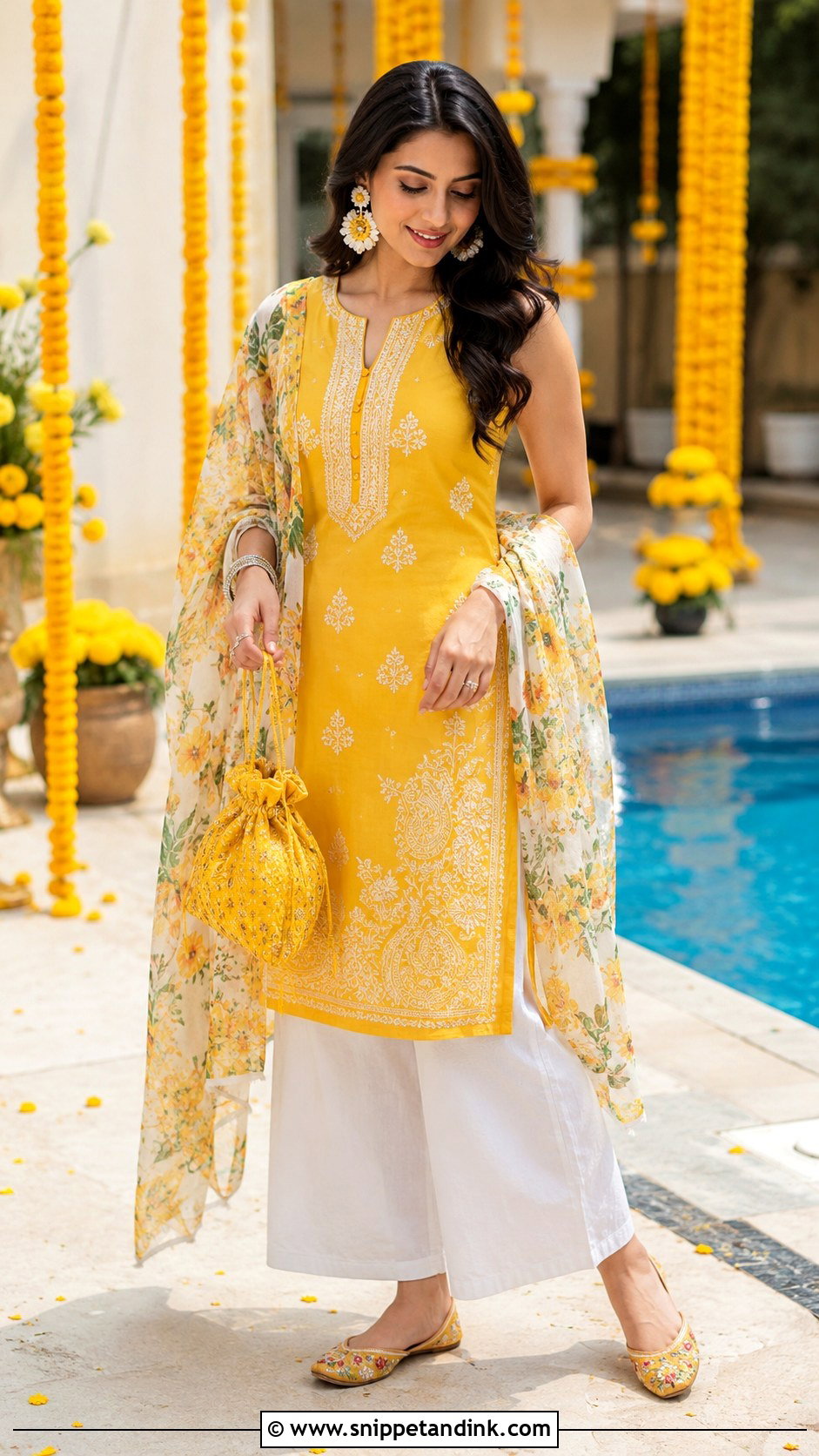 Yellow Kurta And Palazzo Haldi Pool Party Outfit - Snippet and Ink - 20 Haldi Pool Party Outfit Ideas