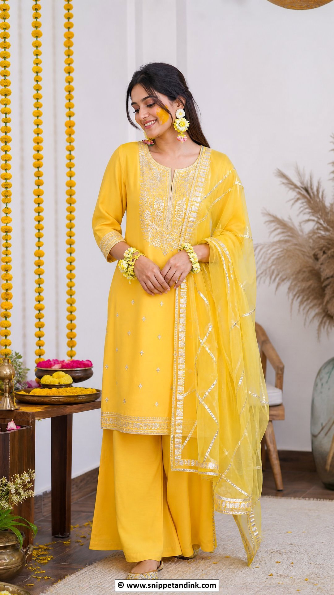 Yellow Kurta And Palazzo Set For Haldi Bride - Snippet and Ink - 35 Haldi Outfit for Bride Ideas