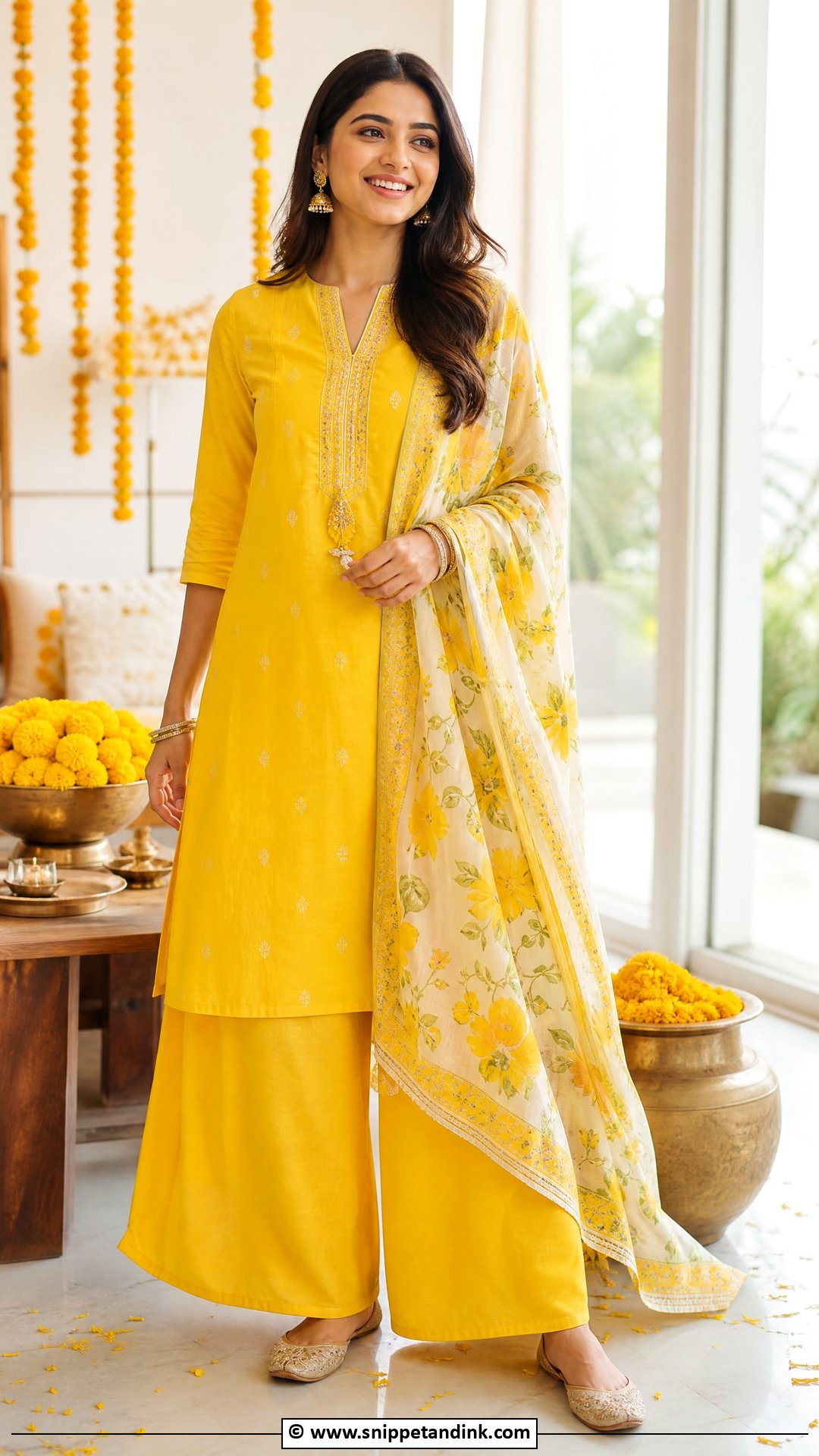 Yellow Kurta Palazzo Haldi Outfit - Snippet and Ink - 35 Haldi Ceremony Outfit Ideas