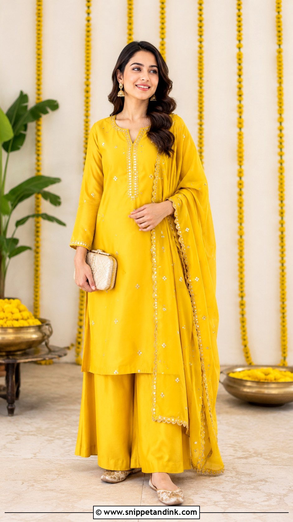 Yellow Kurta Palazzo Set For Haldi - Snippet and Ink - 25 Haldi Ceremony Dress Ideas