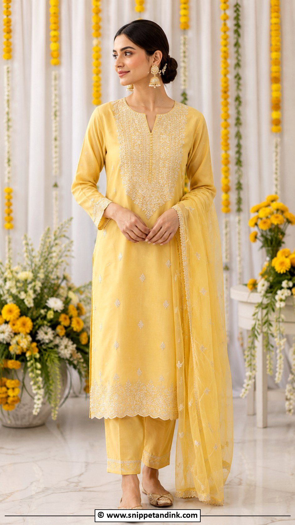 Yellow Kurta With Cigarette Pants For Haldi - Snippet and Ink - 30 Indian Haldi Ceremony Outfit for Sister Ideas