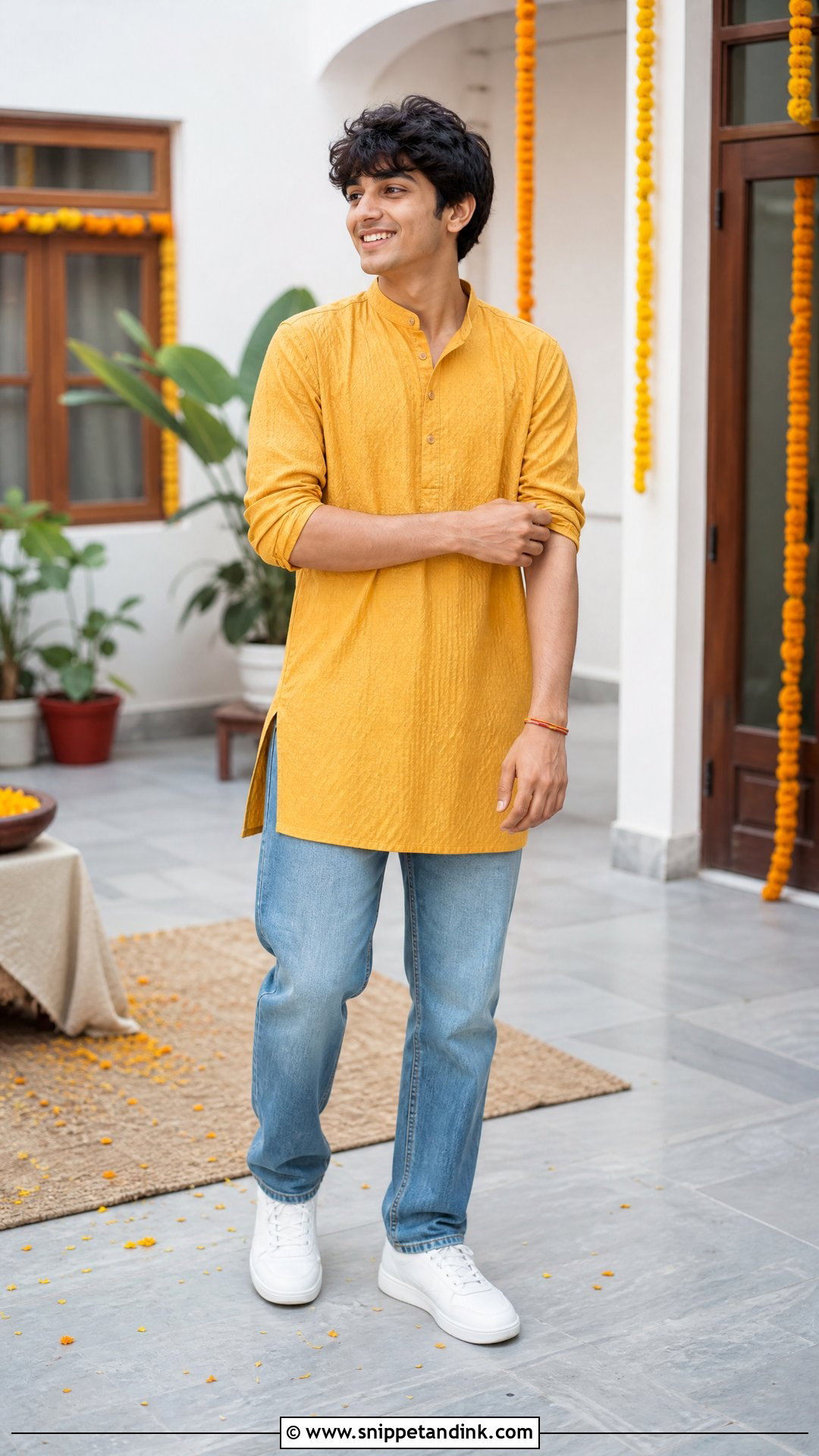 Yellow Kurta With Denim Haldi Outfit - Snippet and Ink - 20 Boys Haldi Outfit Ideas