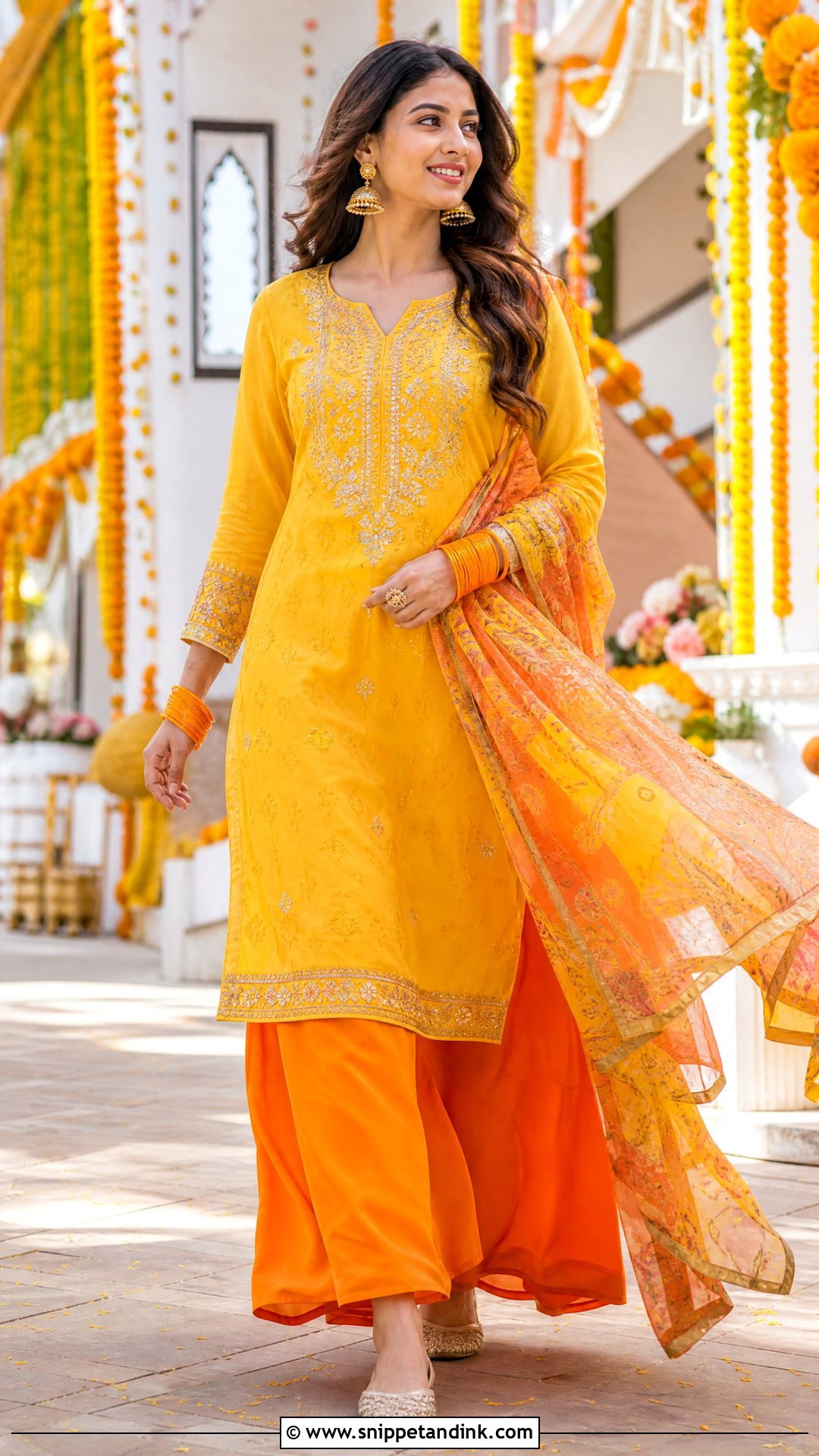 Yellow Kurta With Orange Palazzo - Snippet and Ink - 20 Yellow Contrast Color Dress for Haldi Ideas
