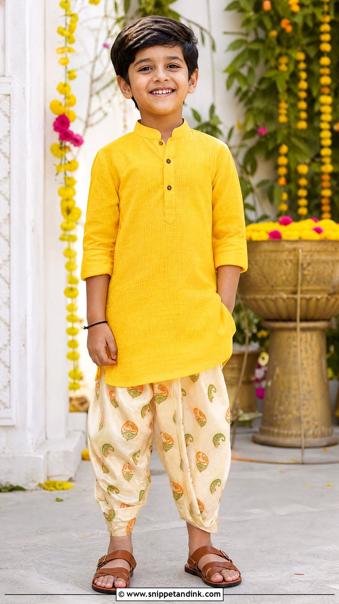 Yellow Kurta With Printed Dhoti Haldi Outfit - Snippet and Ink - 20 Boys Haldi Outfit Ideas