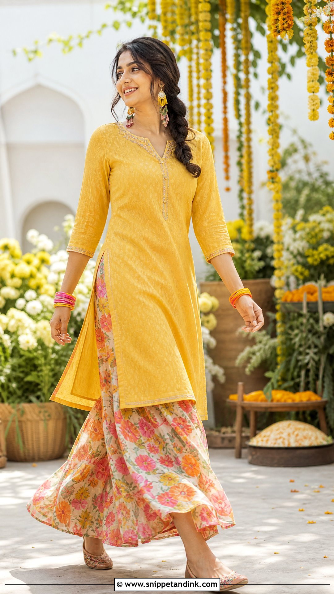 Yellow Kurta With Printed Skirt Haldi Outfit - Snippet and Ink - 20 Simple Haldi Ceremony Outfit for Sister Ideas