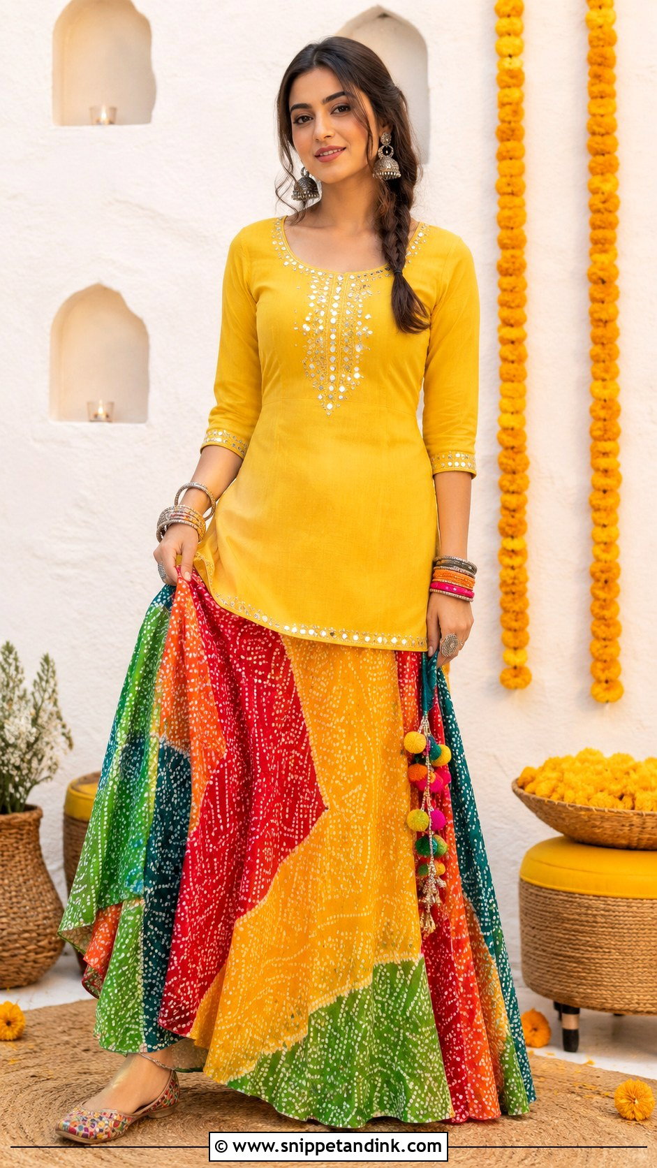 Yellow Kurta With Printed Skirt - Snippet and Ink - 20 Yellow Haldi Ceremony Outfit for Sister Ideas