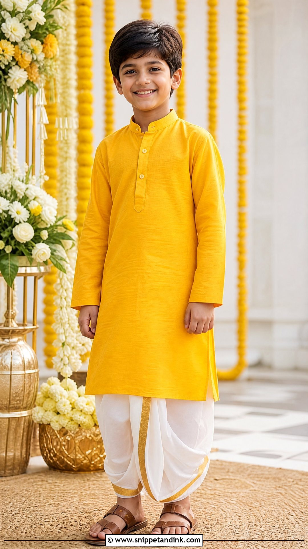 Yellow Kurta With White Dhoti Haldi Outfit - Snippet and Ink - 20 Boys Haldi Outfit Ideas
