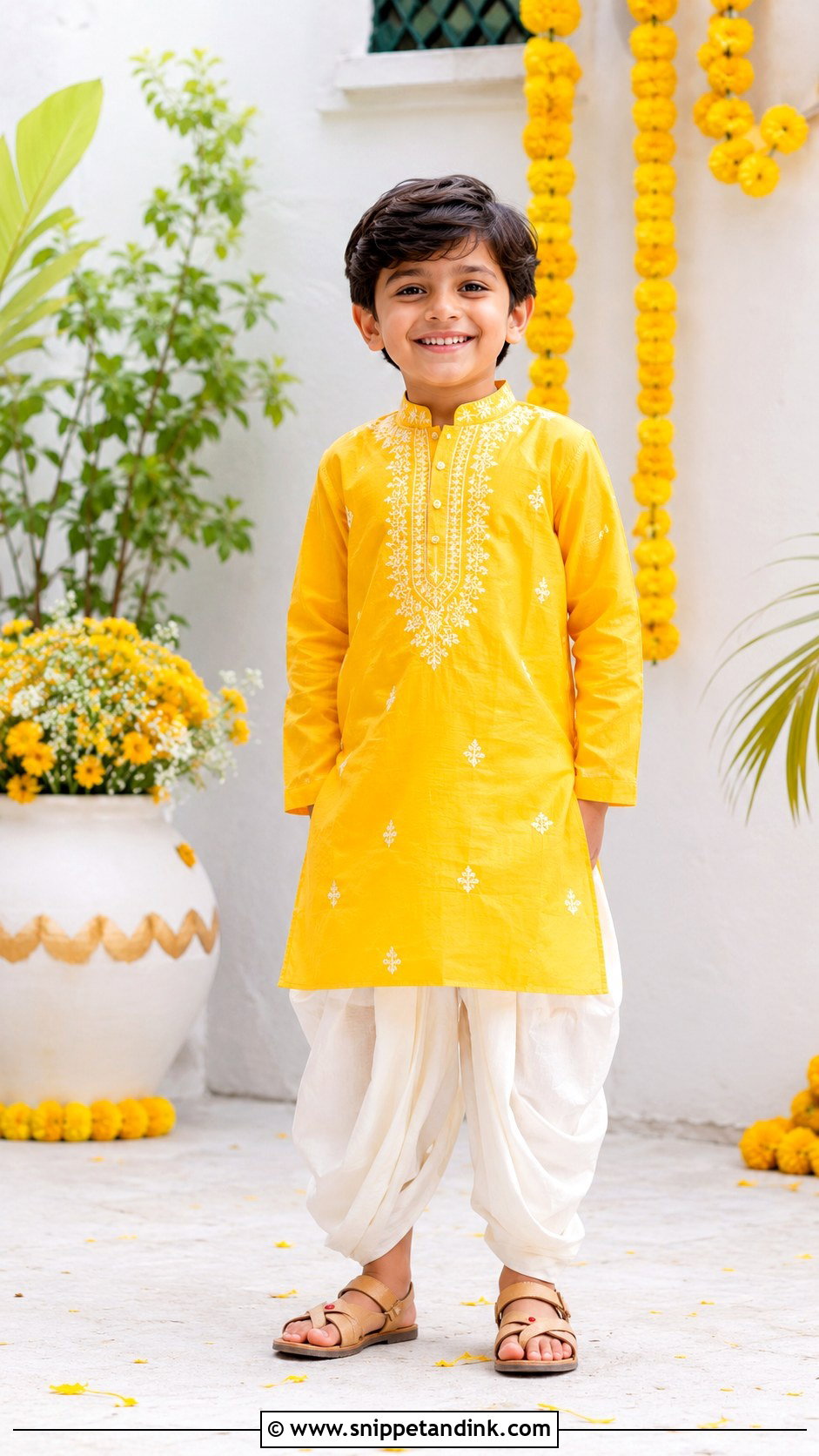 Yellow Kurta With White Dhoti Pants - Snippet and Ink - 20 Kurta for Boys Wedding Ideas