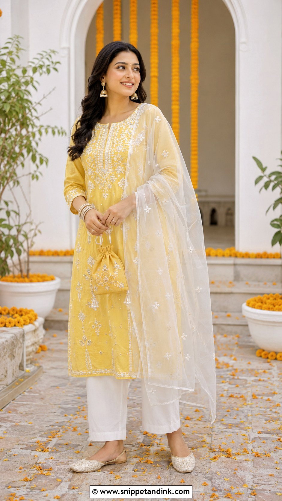 Yellow Kurta With White Straight Pants - Snippet and Ink - 20 White and Yellow Haldi Outfit Ideas