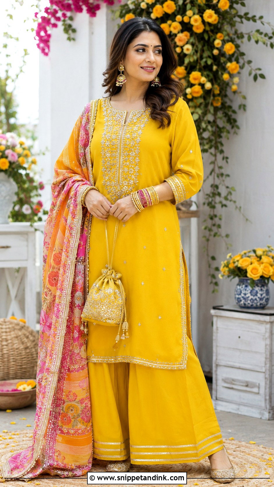 Yellow Kurta and Palazzo Haldi Outfit for Mom - Snippet and Ink - 20 Haldi Outfit for Mom Ideas