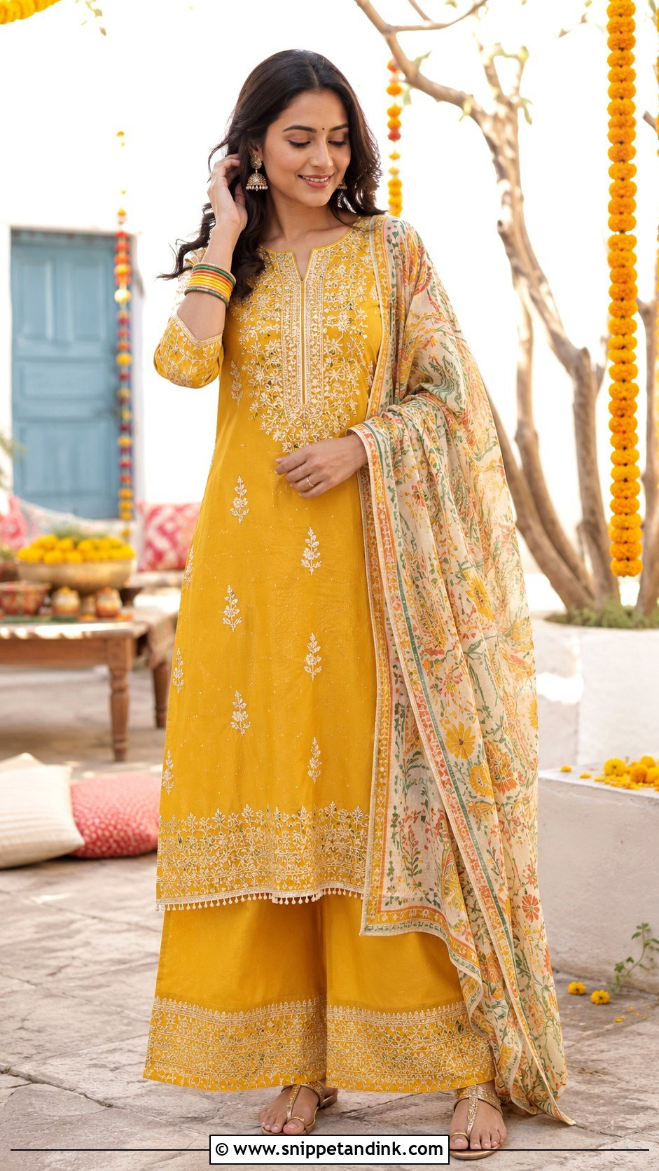 Yellow Kurta and Palazzo Set for Haldi - Snippet and Ink - 20 Haldi Theme Dress Ideas