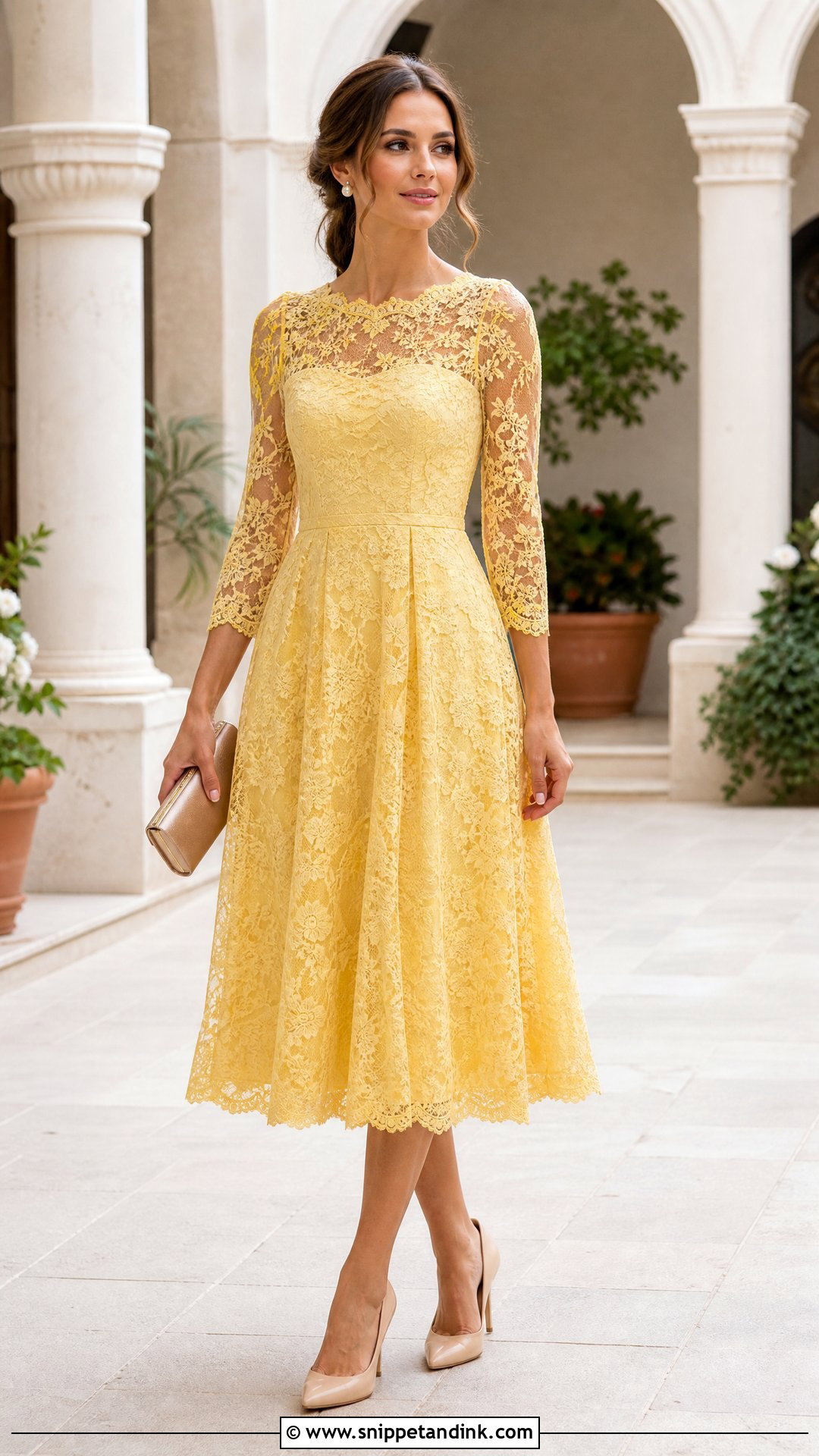 Yellow Lace Midi Dress - Snippet and Ink - 20 Yellow Dresses for Wedding