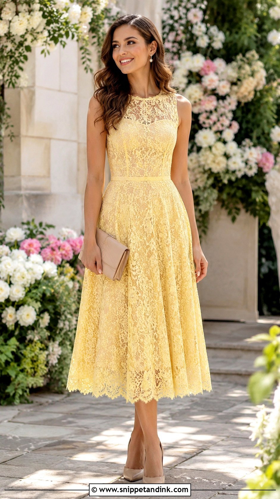 Yellow Lace Midi Dress Wedding Outfit - Snippet and Ink - 25 Yellow Dress Outfit Wedding Ideas