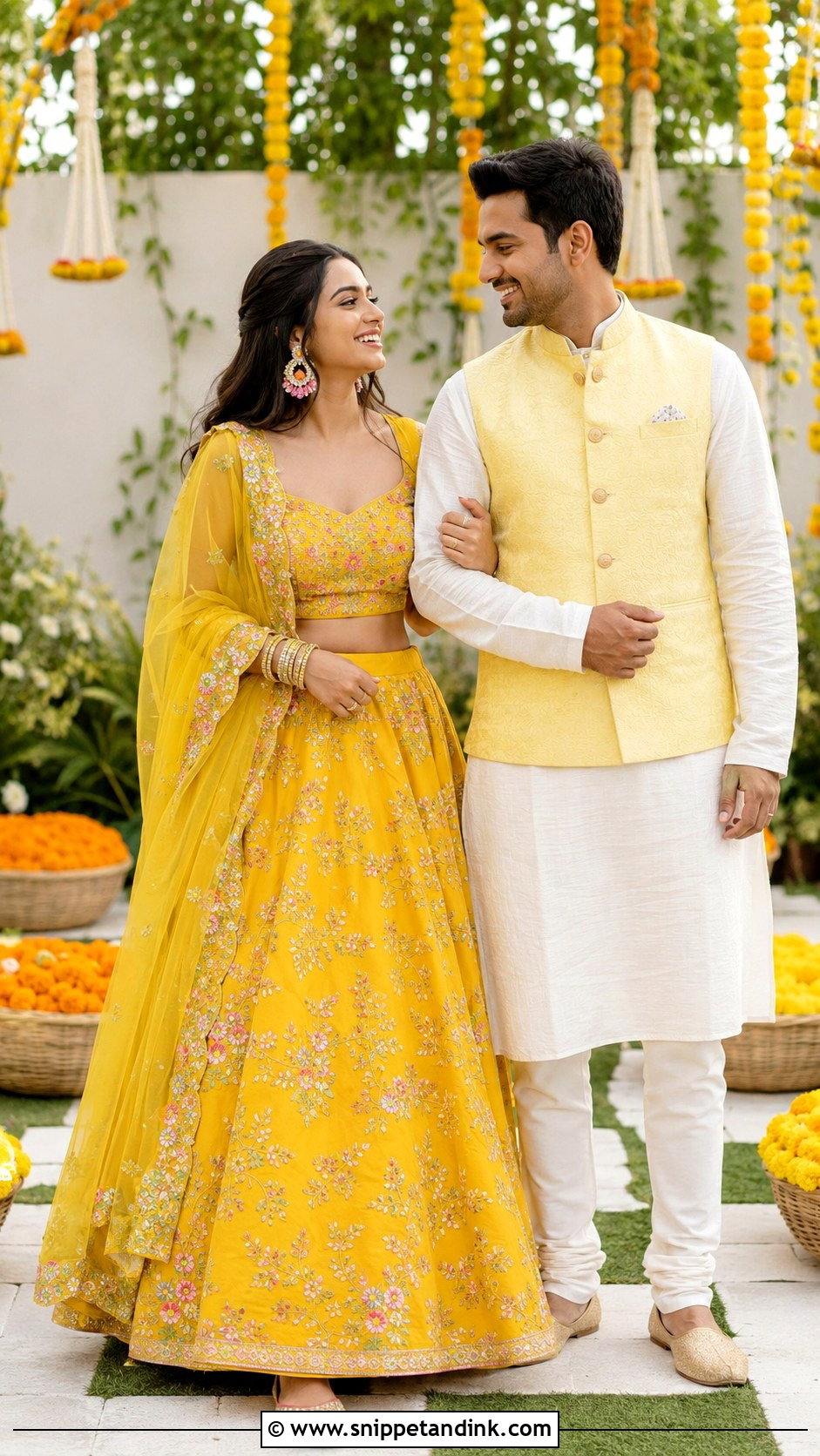 Yellow Lehenga And Coordinated Kurta Pre Wedding Shoot Outfit - Snippet and Ink - 20 Indian Pre Wedding Shoot Outfit Ideas