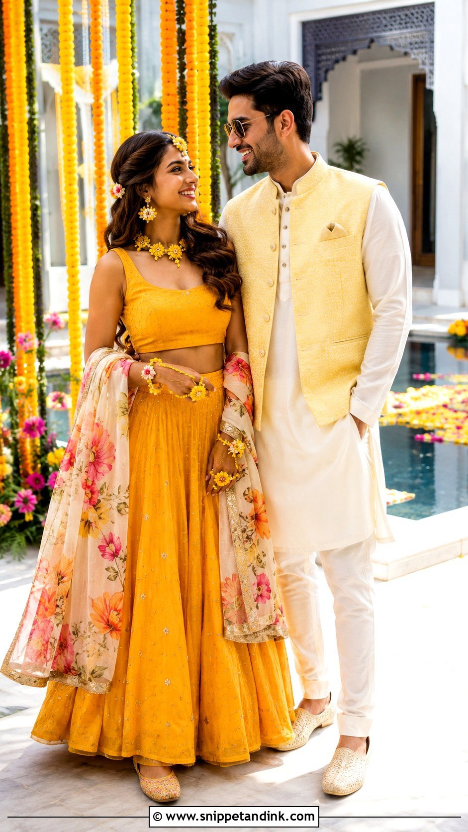 Yellow Lehenga And Ivory Kurta Haldi Couple Outfit - Snippet and Ink - 20 Indian Wedding Couple Outfits