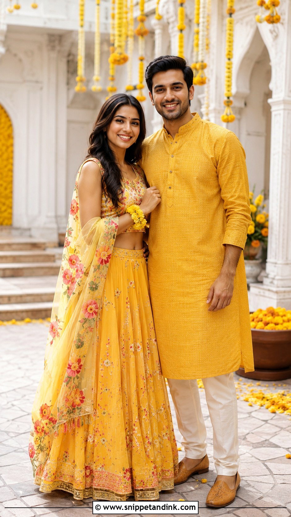 Yellow Lehenga And Kurta Haldi Couple Outfit - Snippet and Ink - 20 Couple Matching Indian Outfits