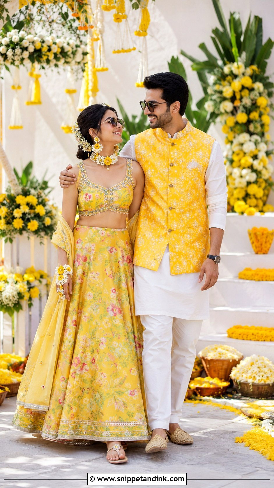 Yellow Lehenga And White Kurta For Haldi - Snippet and Ink - 20 Couple Matching Dress Indian Wedding Ideas