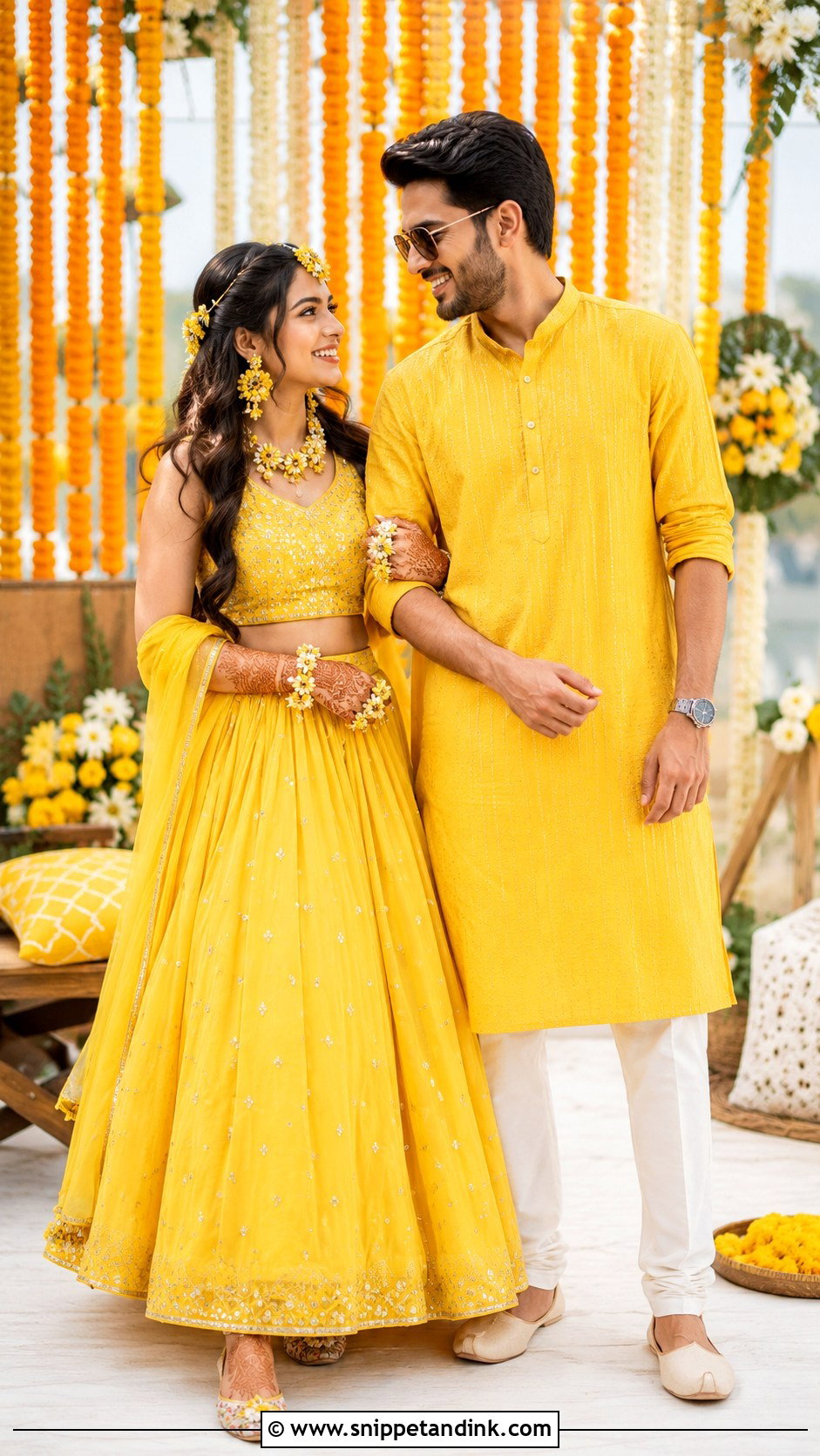 Yellow Lehenga And Yellow Kurta Haldi Couple Outfit - Snippet and Ink - 25 Haldi Couple Outfits