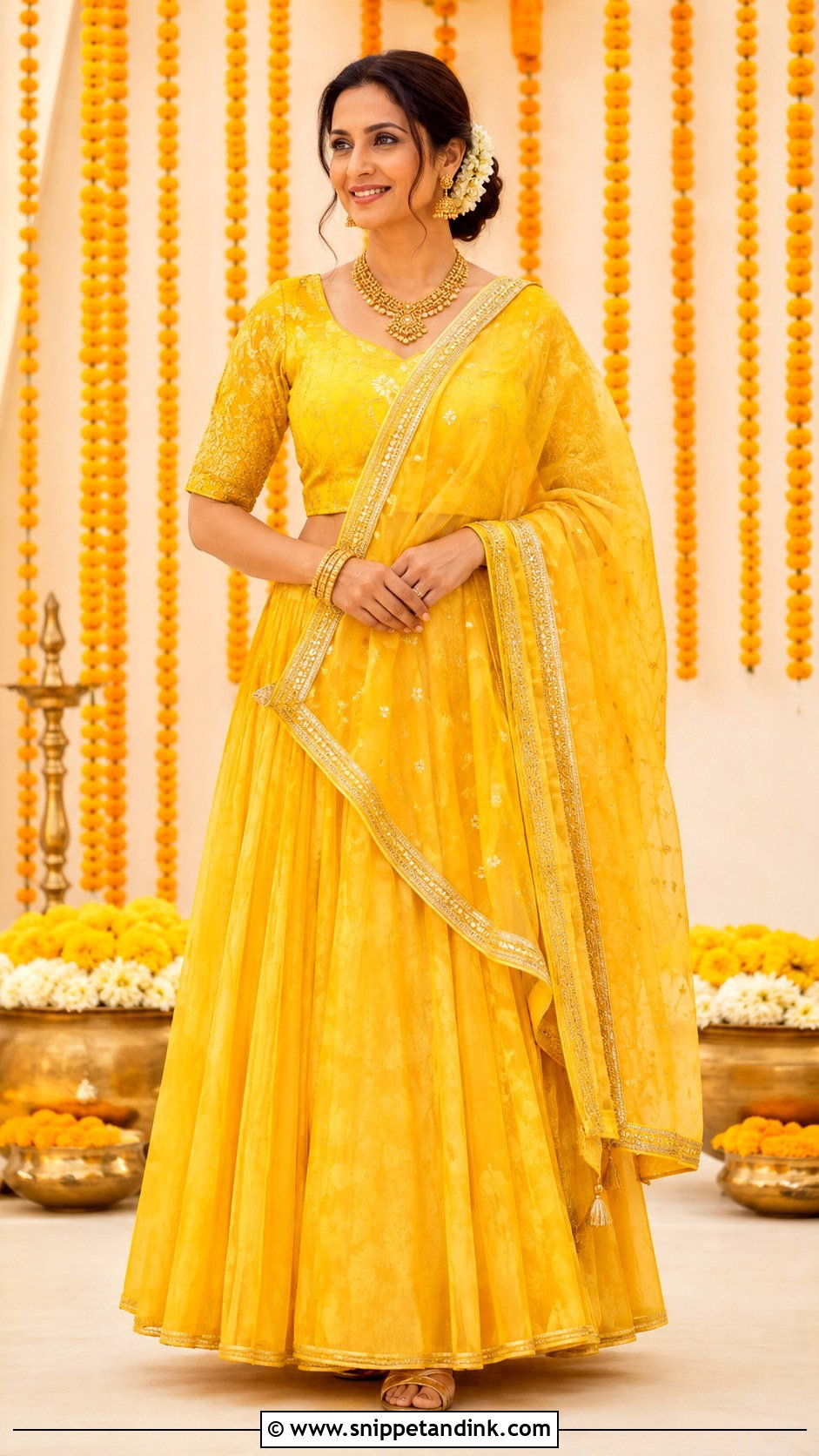 Yellow Lehenga Haldi Outfit for Mom - Snippet and Ink - 20 Haldi Outfit for Mom Ideas