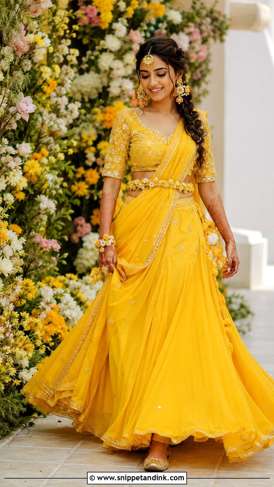 Yellow Lehenga Saree Haldi Outfit - Snippet and Ink - 20 Indian Bride Haldi Outfit Ideas