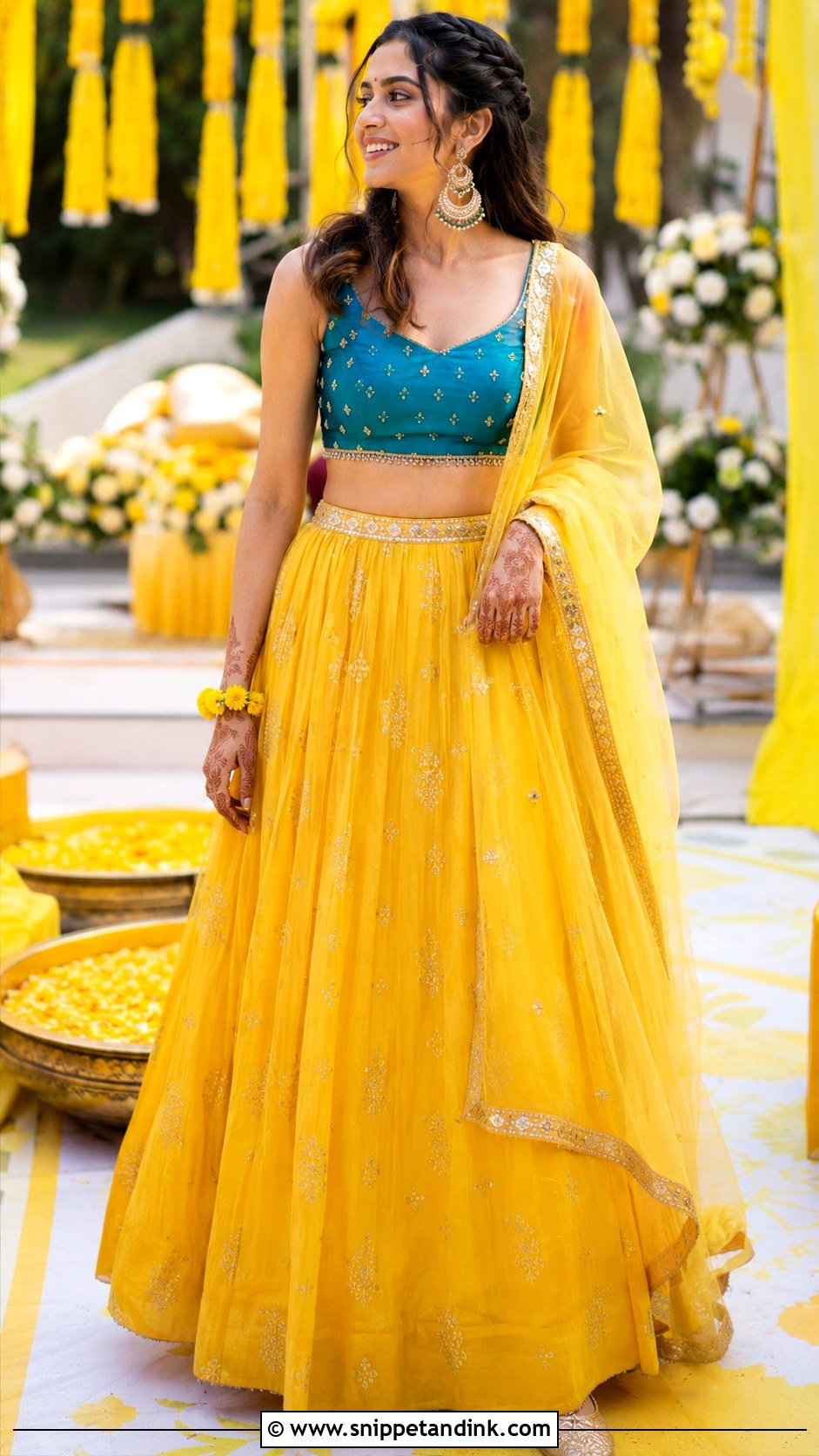 Yellow Lehenga With Contrast Blouse Haldi Outfit - Snippet and Ink - 20 Alia Bhatt Haldi Outfit Ideas