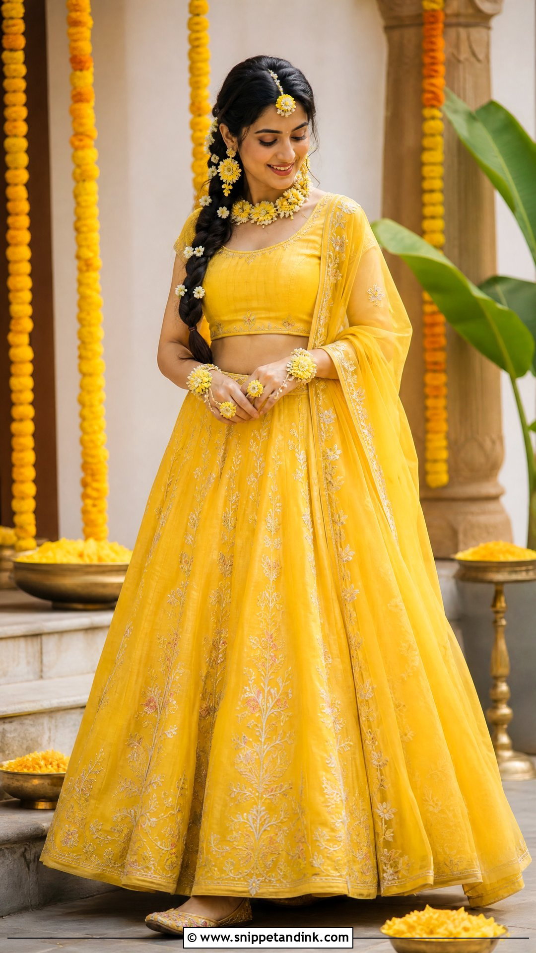 Yellow Lehenga With Floral Jewelry Pellikuthuru Look - Snippet and Ink - 20 Pellikuthuru Look Ideas