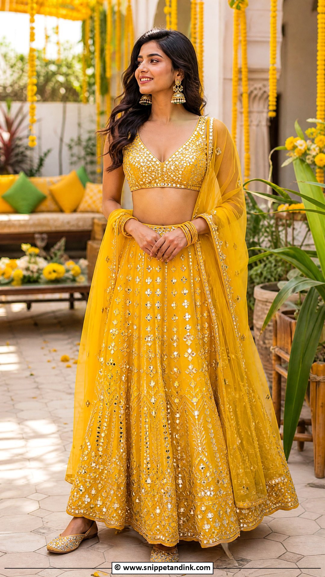 Yellow Lehenga With Mirror Work - Snippet and Ink - 35 Mehndi Dress Ideas