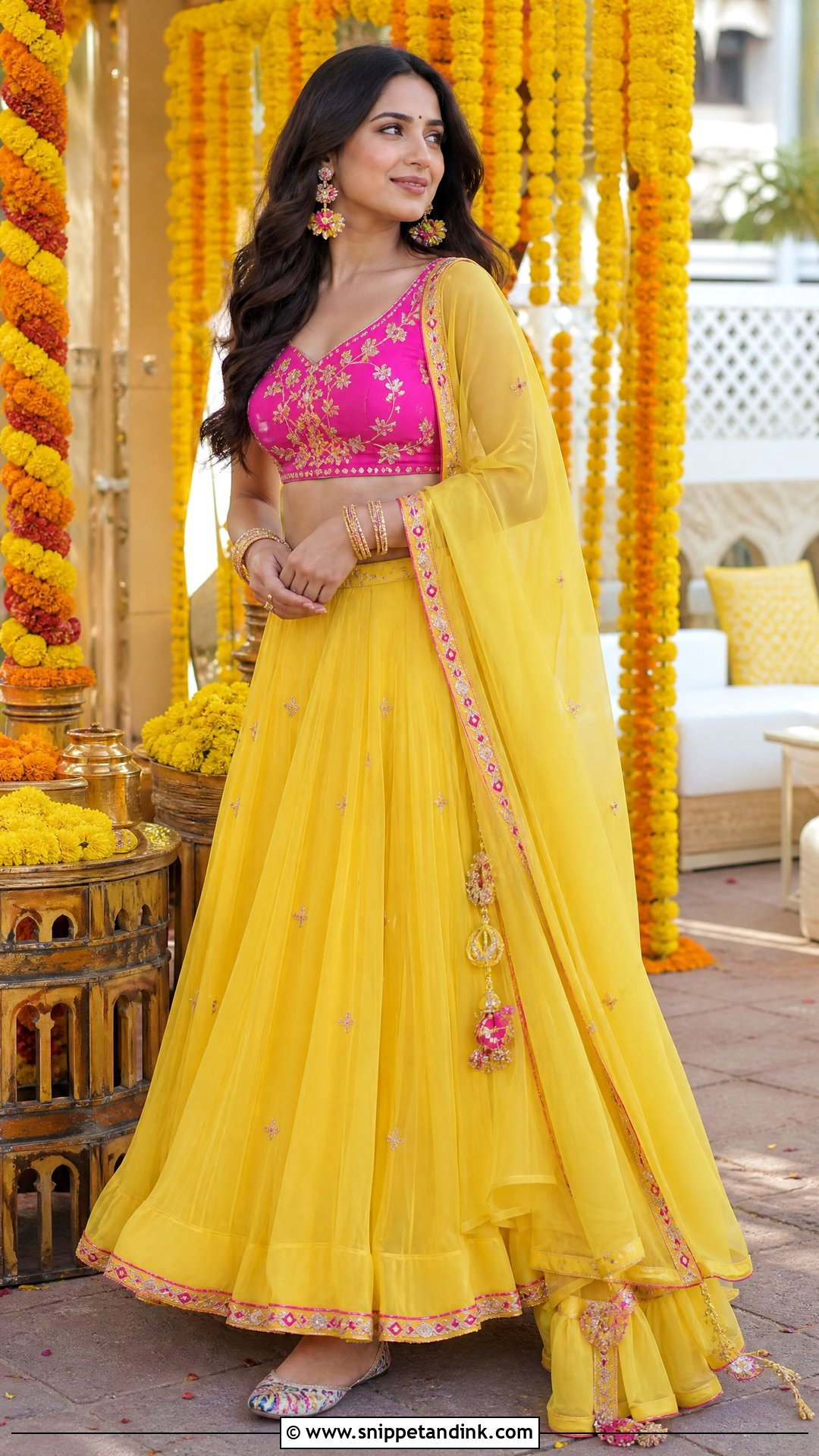 Yellow Lehenga With Pink Blouse - Snippet and Ink - 20 Yellow Contrast Color Dress for Haldi Ideas