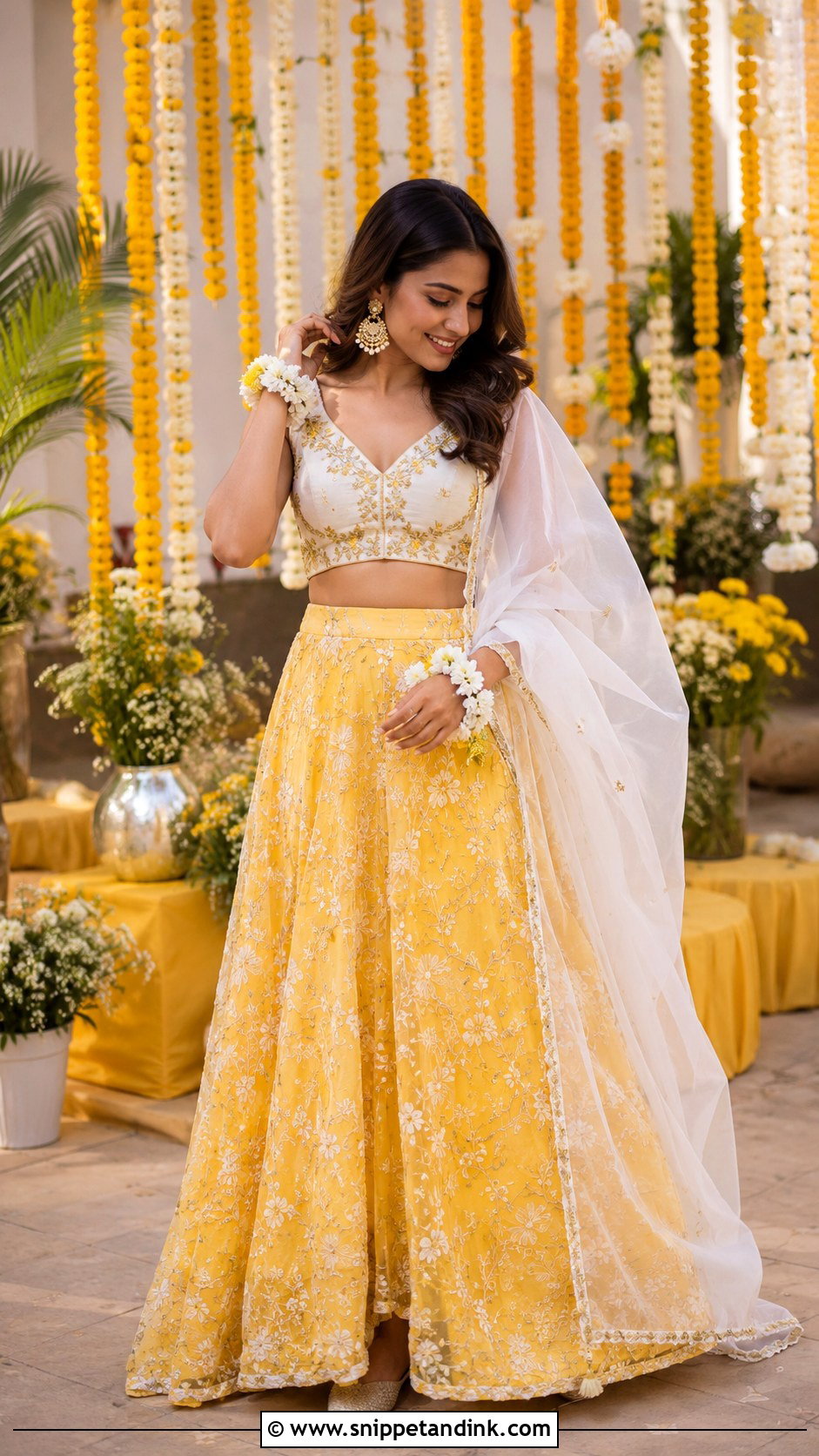 Yellow Lehenga With White Embroidered Blouse - Snippet and Ink - 20 White and Yellow Haldi Outfit Ideas