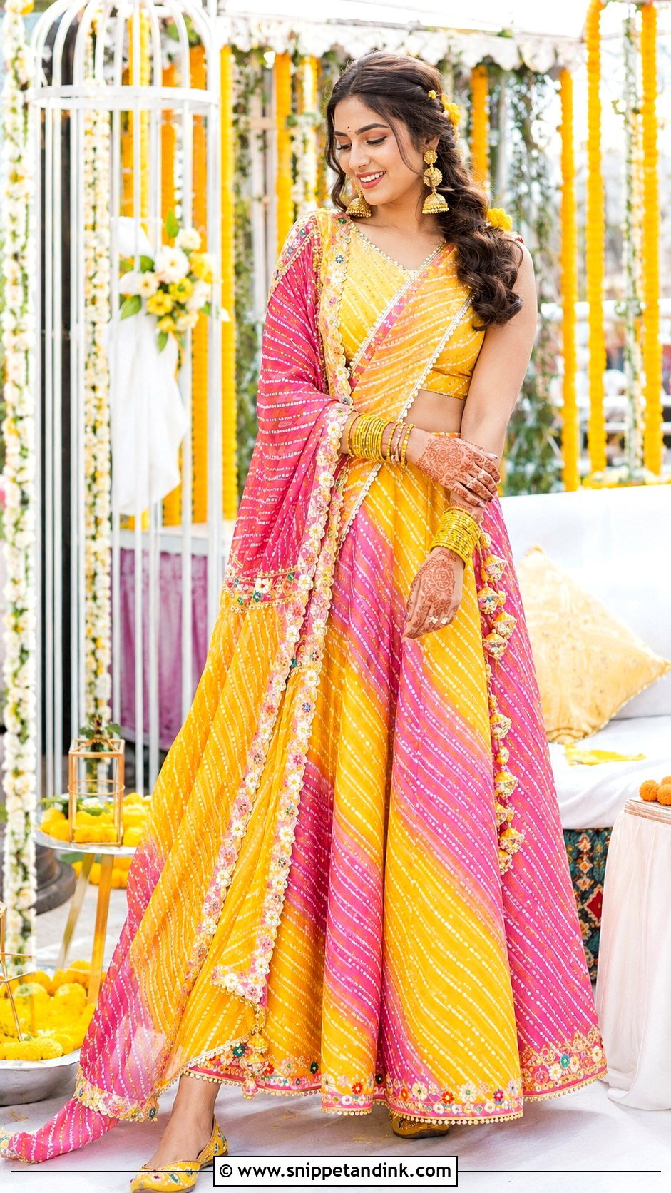 Yellow Leheriya Haldi Outfit - Snippet and Ink - 30 Indian Bridal Haldi Outfit Ideas