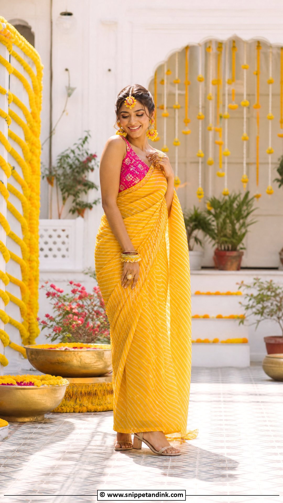 Yellow Leheriya Saree For Haldi Ceremony - Snippet and Ink - 35 Haldi Ceremony Outfit for Bride Ideas