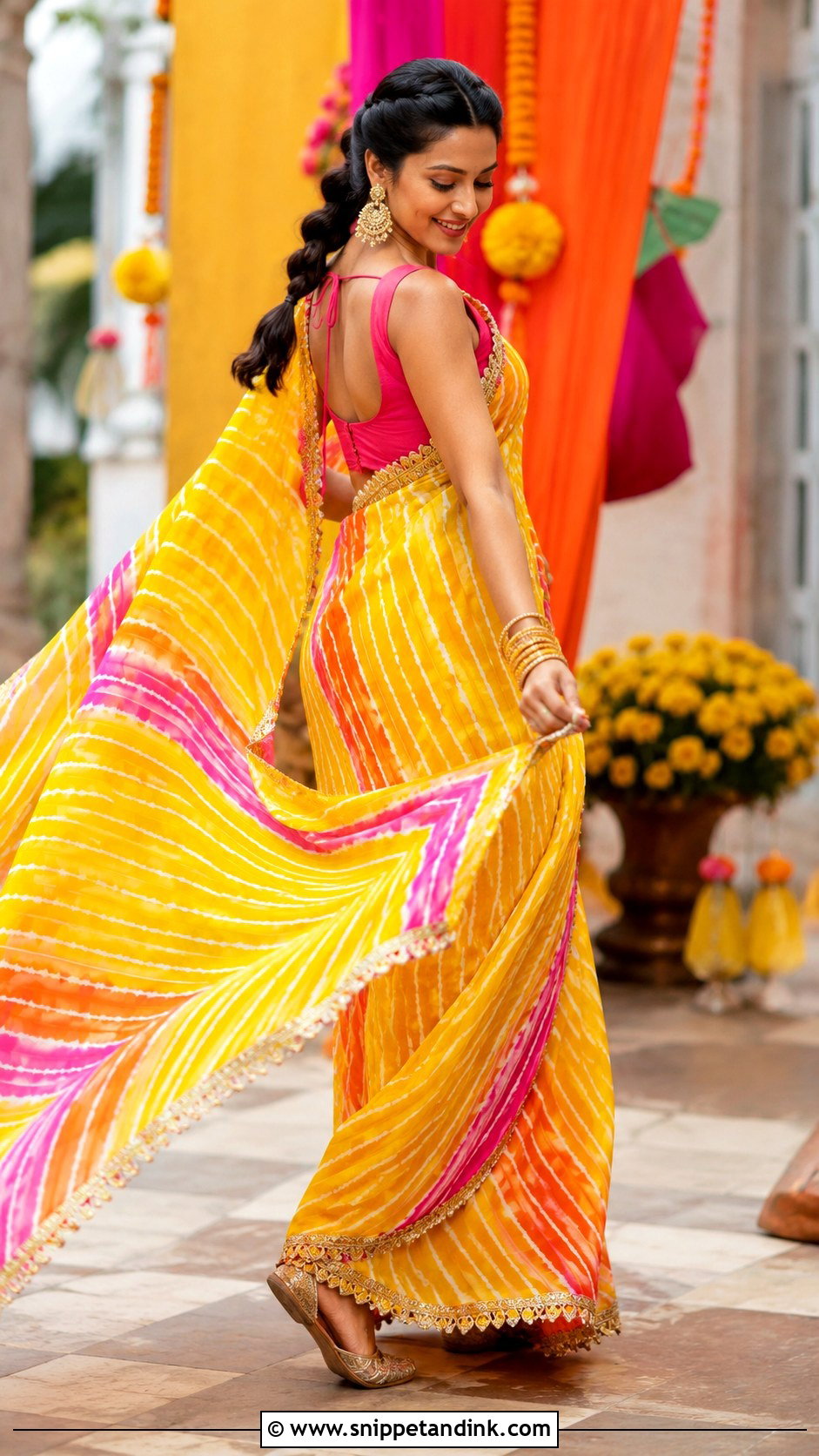 Yellow Leheriya Saree Haldi Outfit - Snippet and Ink - 20 Haldi Traditional Outfit Ideas