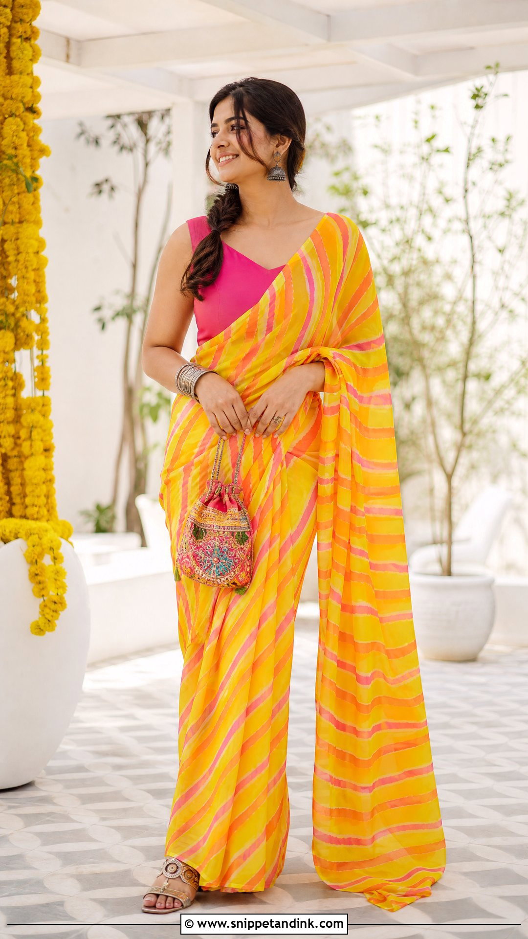 Yellow Leheriya Saree Haldi Outfit - Snippet and Ink - 25 Aesthetic Haldi Outfits