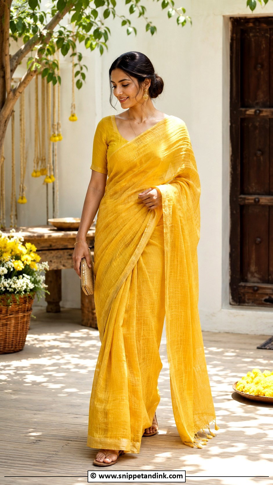 Yellow Linen Saree For Haldi - Snippet and Ink - 30 Simple Haldi Dress Ideas
