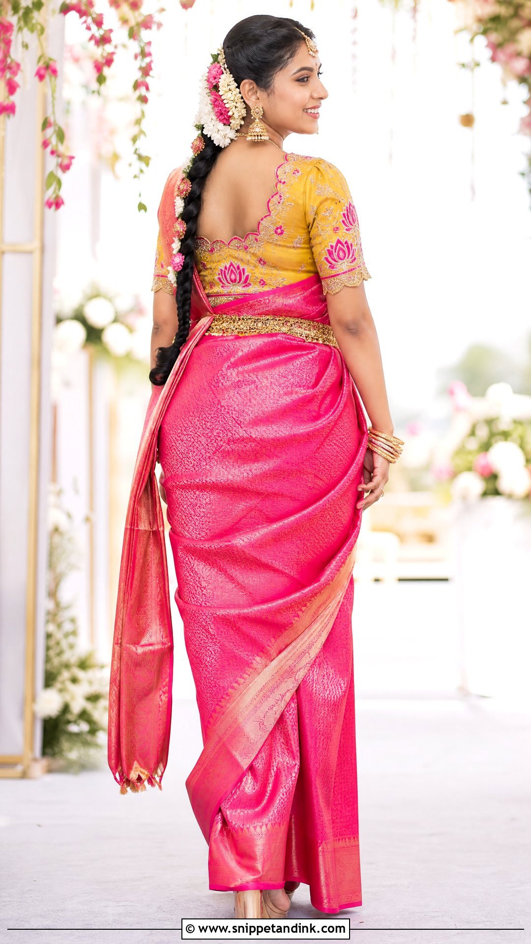 Yellow Lotus Maggam Work Blouse With Pink Pattu Saree - Snippet and Ink - 20 Wedding Maggam Work Blouse Designs