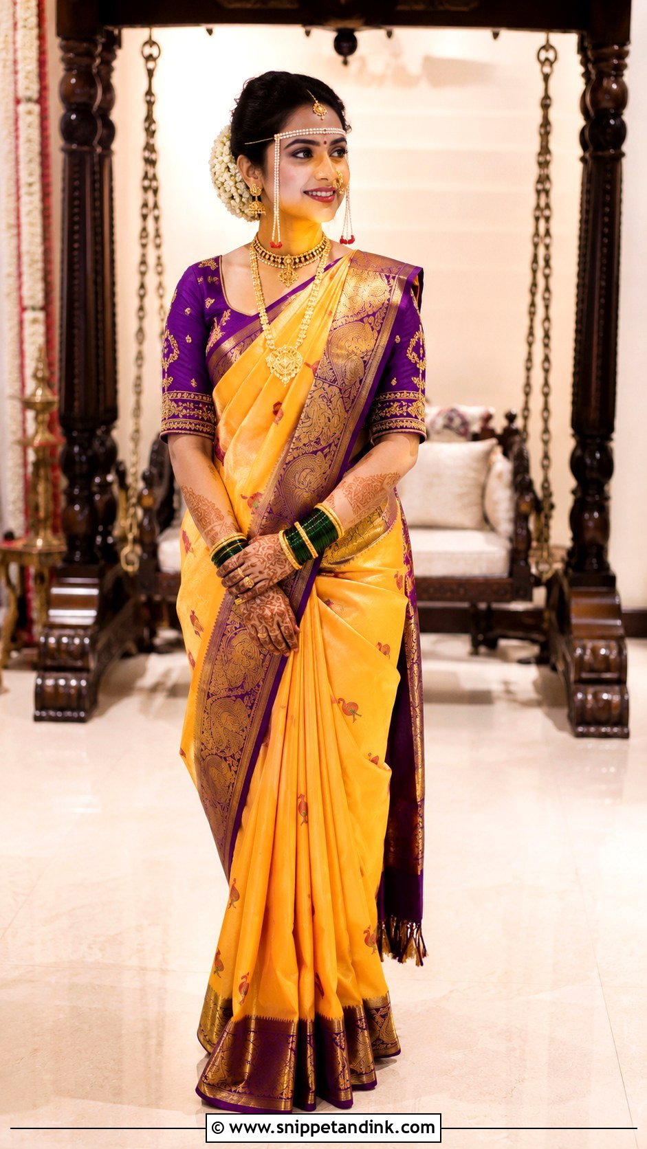 Yellow Marathi Bride Paithani Saree - Snippet and Ink - 30 Marathi Bride Look Ideas