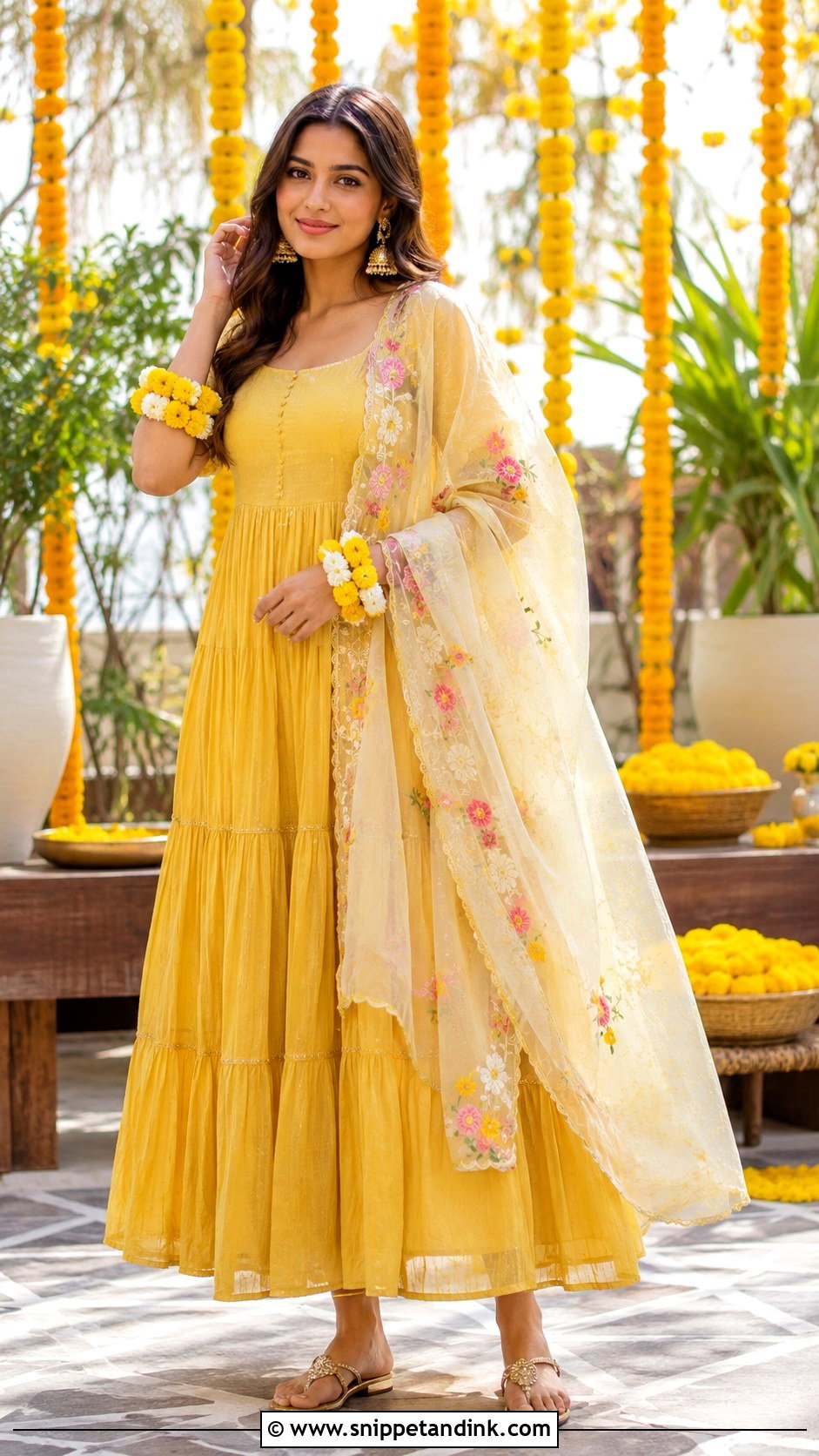 Yellow Maxi Dress And Embroidered Dupatta Haldi Outfit - Snippet and Ink - 20 Indowestern Haldi Ceremony Outfit Ideas