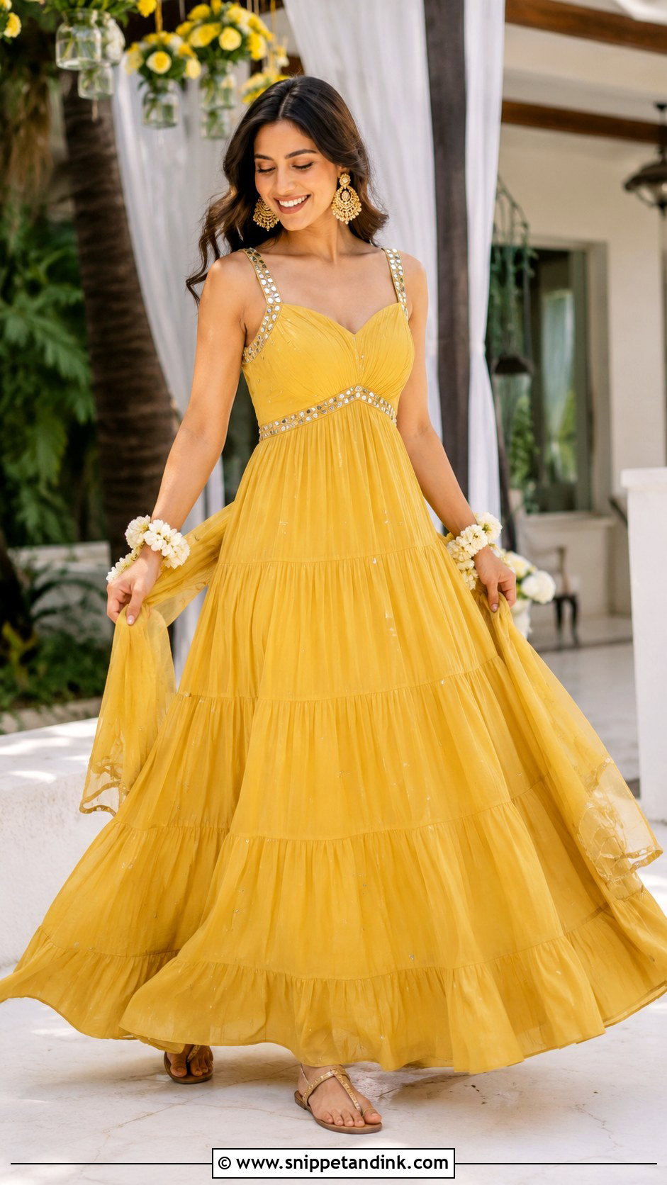 Yellow Maxi Dress For Haldi - Snippet and Ink - 30 Haldi Function Dress Ideas