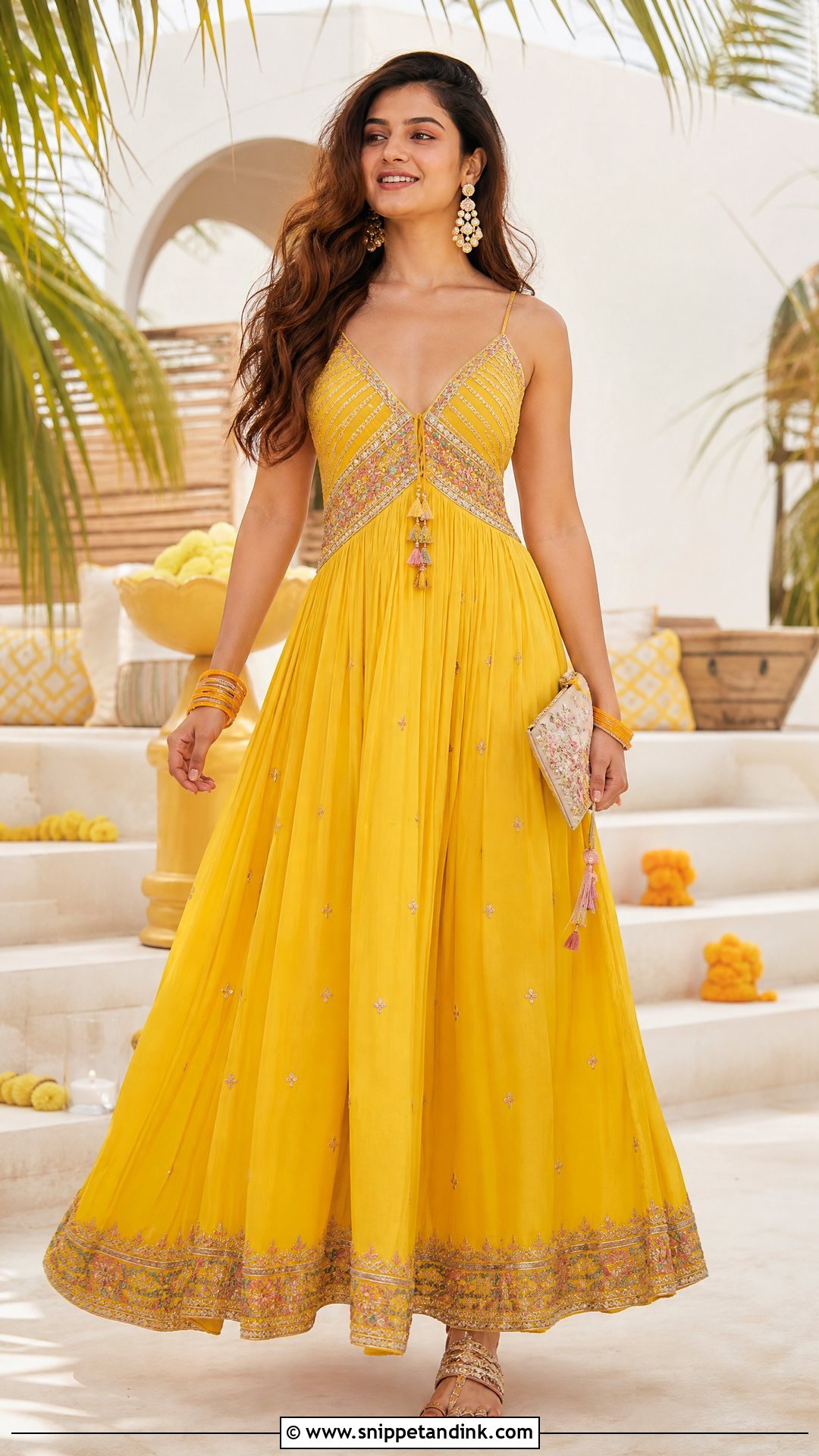 Yellow Maxi Dress For Haldi - Snippet and Ink - 25 Yellow Outfit for Haldi Function Ideas