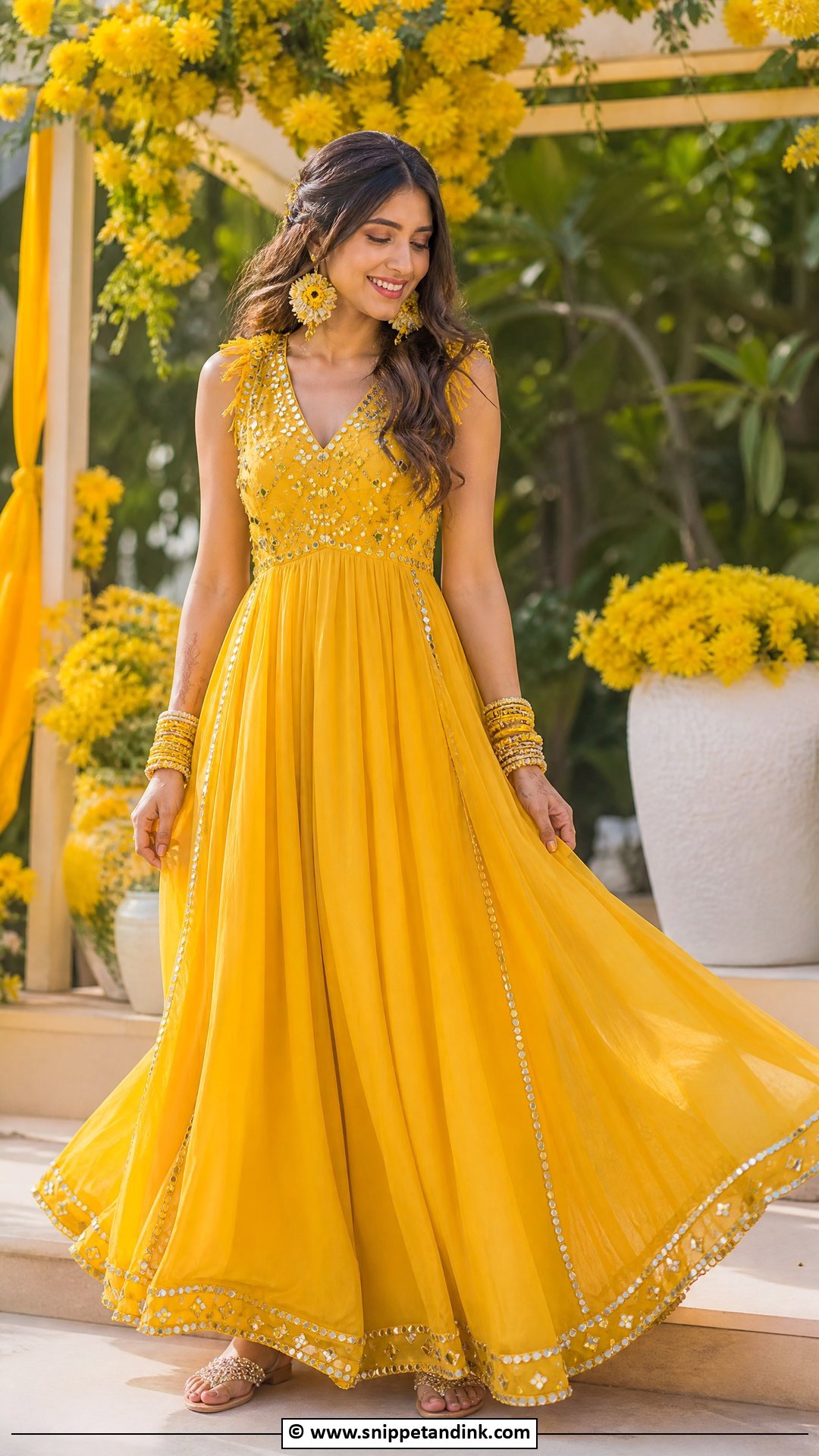 Yellow Maxi Dress For Haldi Ceremony - Snippet and Ink - 35 Haldi Ceremony Outfit for Bride Ideas