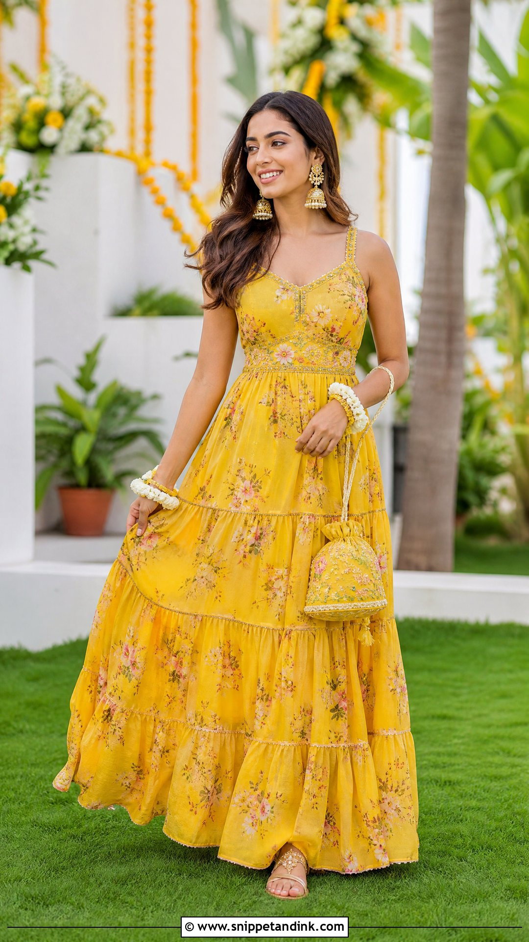Yellow Maxi Dress Haldi Outfit - Snippet and Ink - 20 Women Haldi Outfit Ideas
