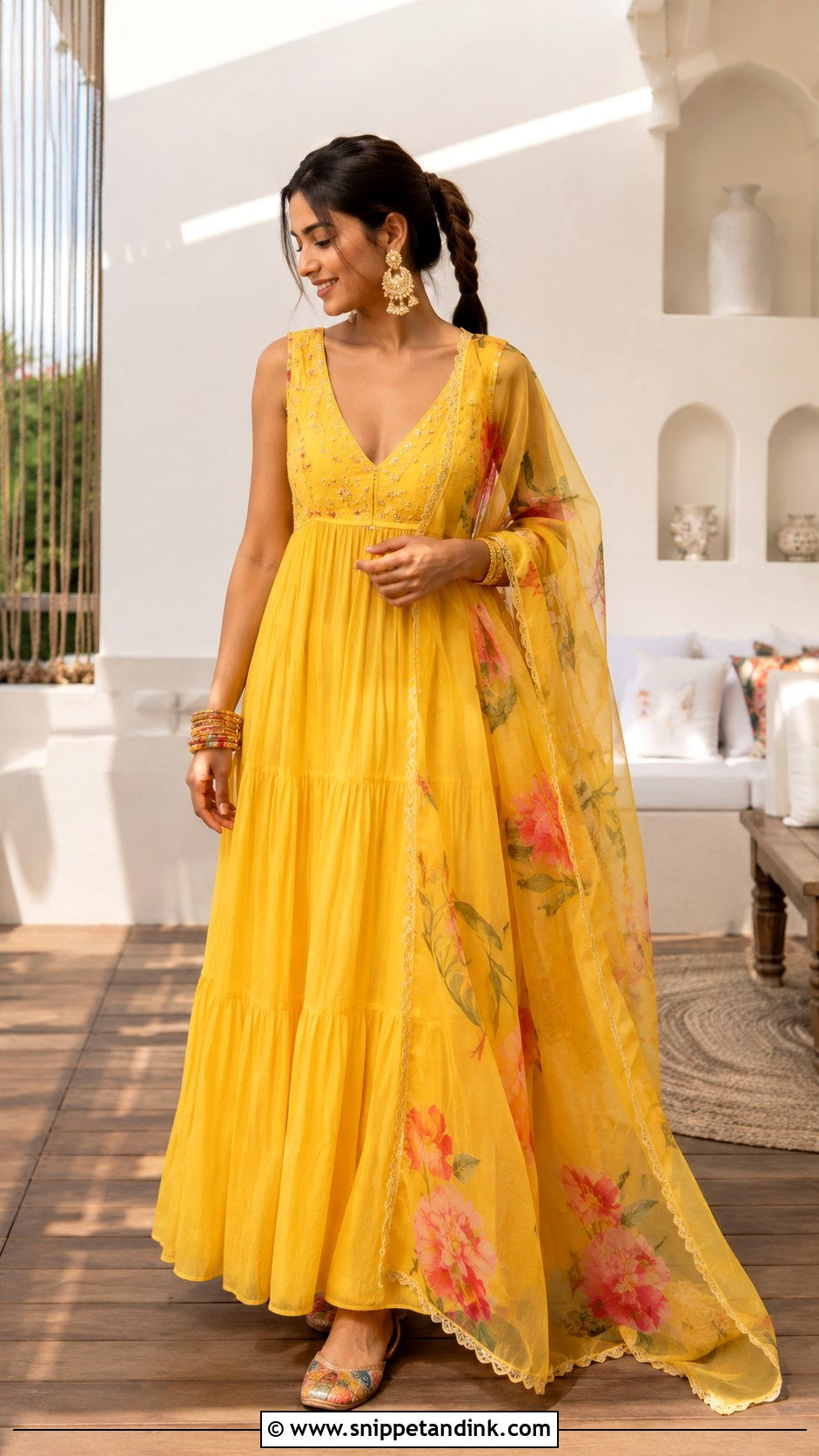 Yellow Maxi Dress With Dupatta for Haldi - Snippet and Ink - 20 Haldi Theme Dress Ideas