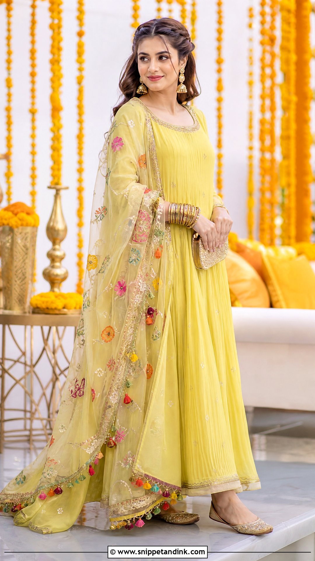 Yellow Maxi Dress With Pakistani Dupatta - Snippet and Ink - 20 Pakistani Haldi Outfit Ideas