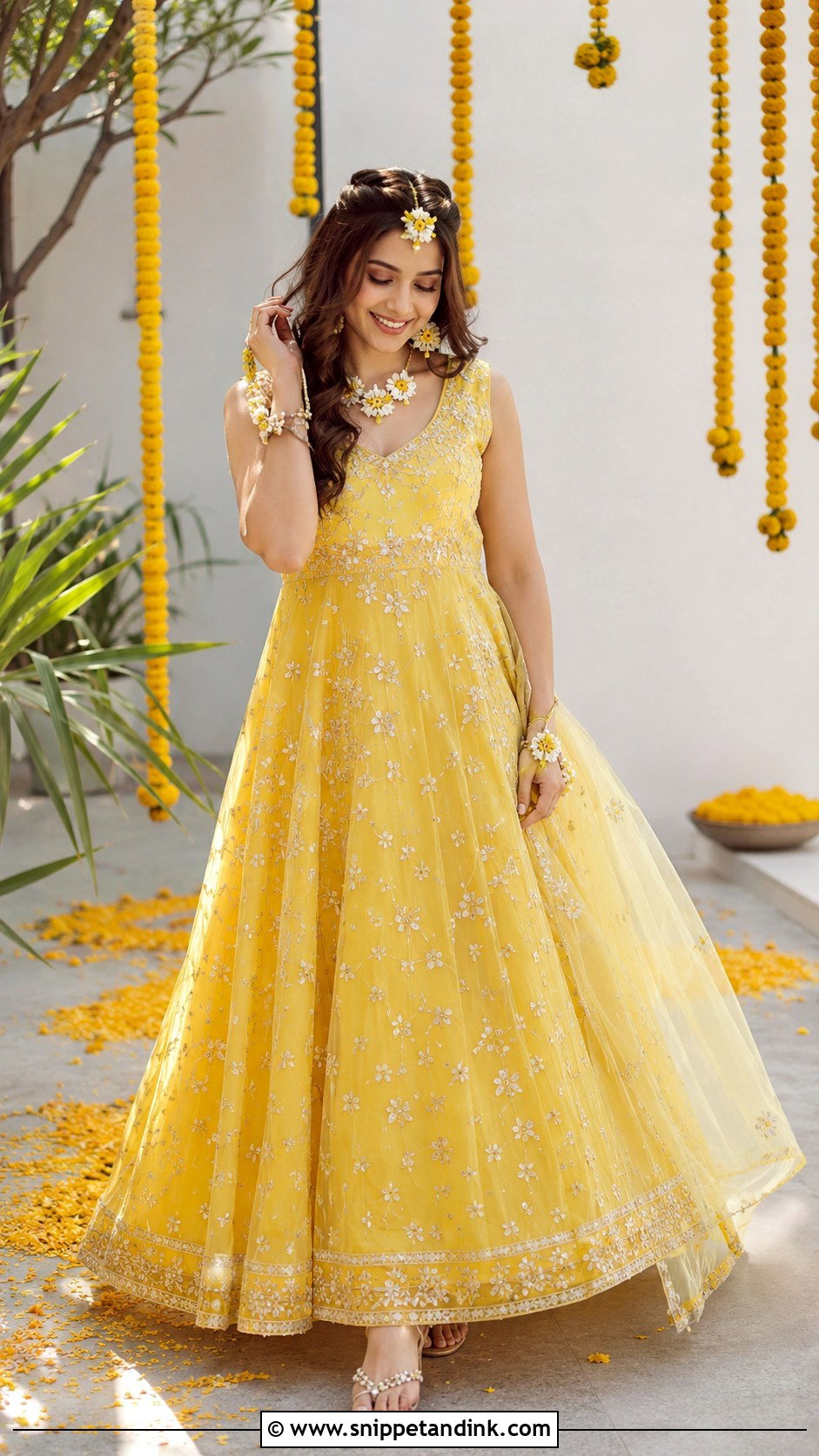 Yellow Maxi Dress for Haldi Bride - Snippet and Ink - 25 Yellow Haldi Outfit for Bride Ideas