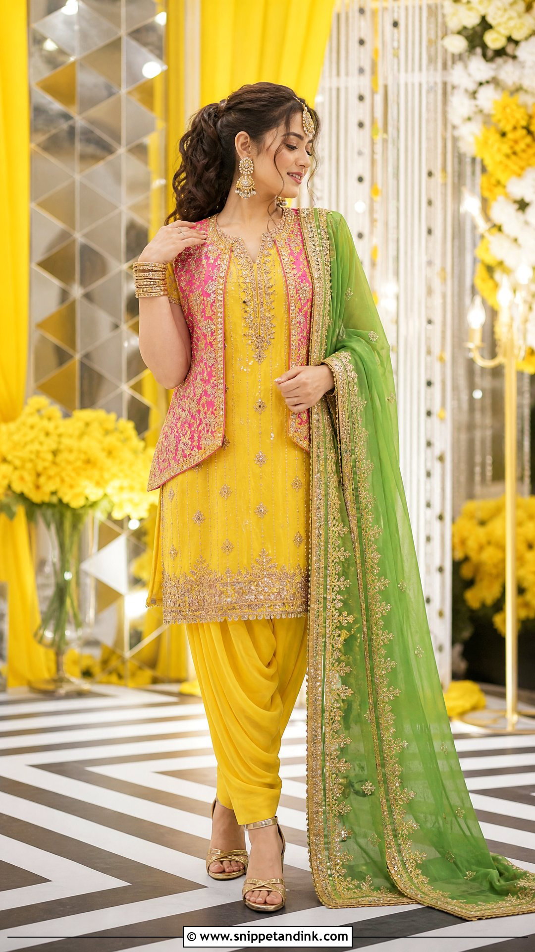 Yellow Mehndi Bridal Kurta With Dhoti Pants - Snippet and Ink - 20 Pakistan Mehndi Bridal Outfit Ideas
