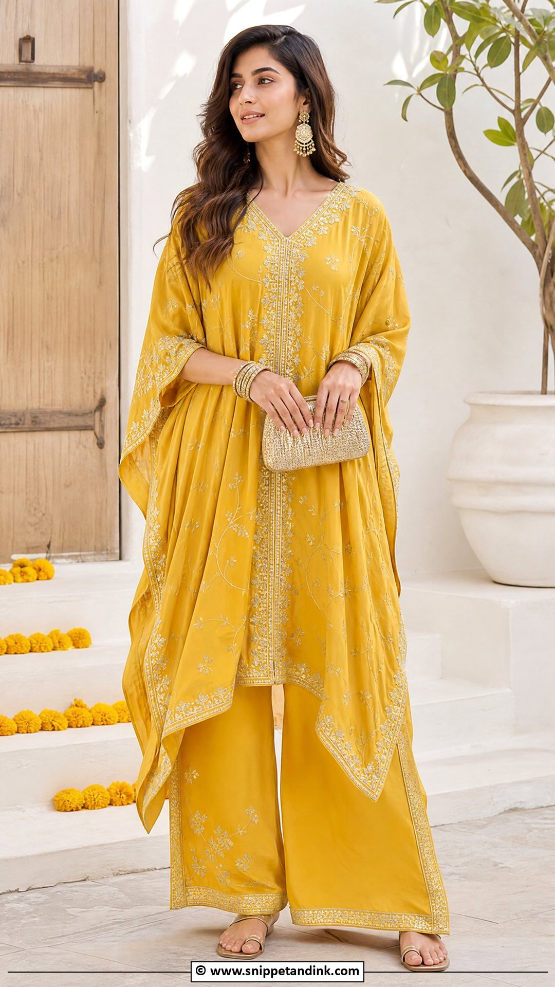 Yellow Mehndi Kaftan With Wide Leg Pants - Snippet and Ink - 35 Mehndi Dresses