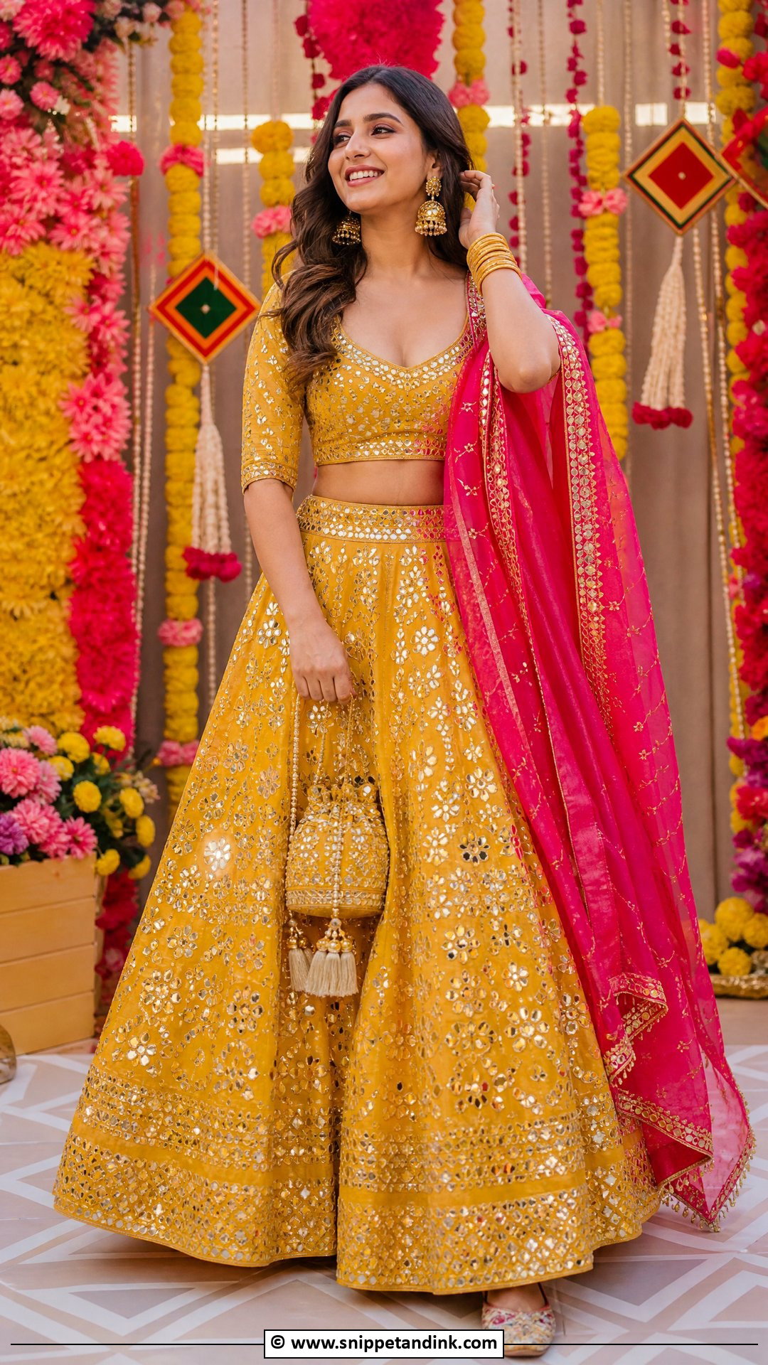 Yellow Mehndi Lehenga With Pink Dupatta - Snippet and Ink - 35 Mehndi Dresses